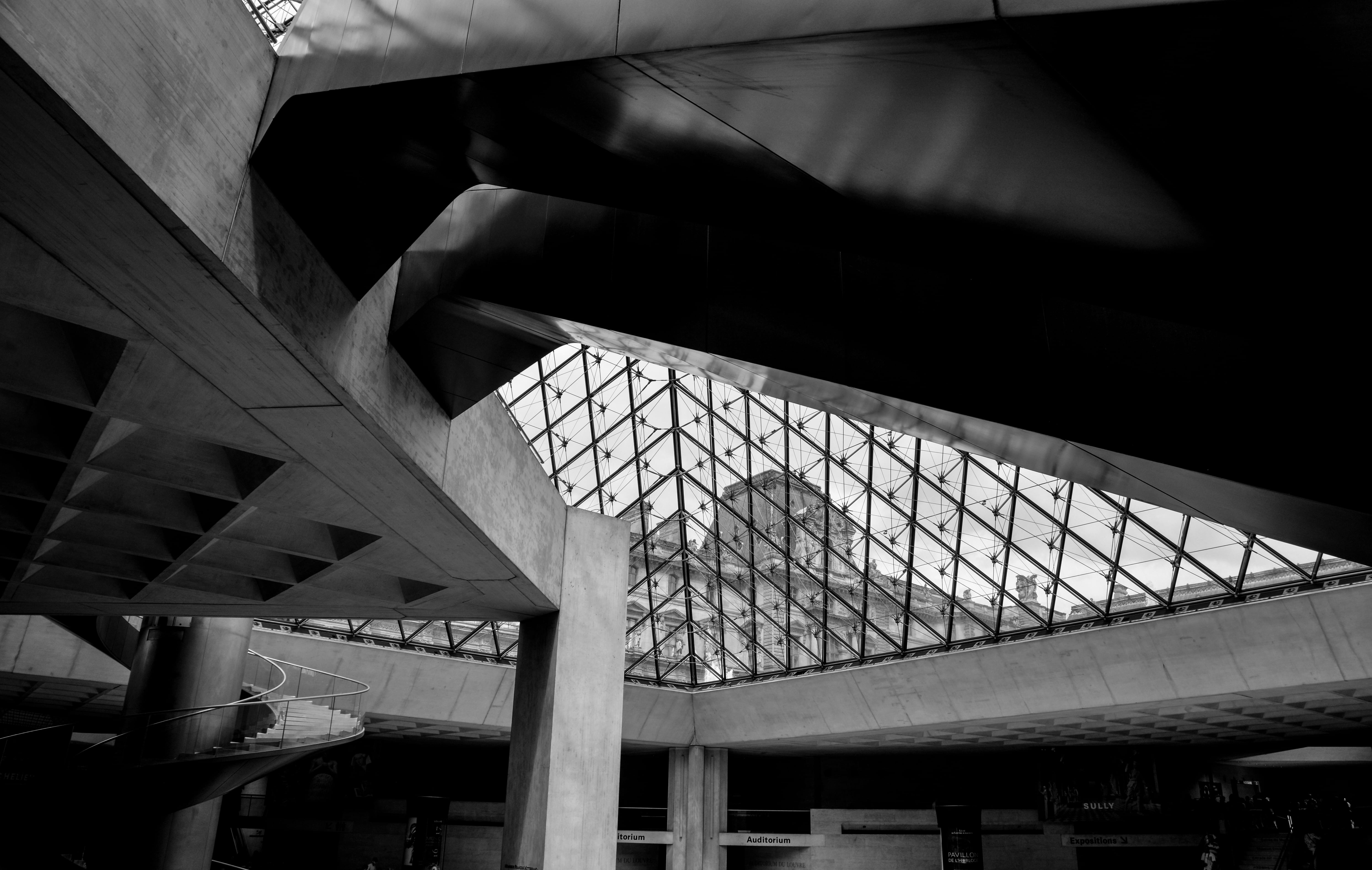 low angle view, architectural column, roof beam, no people, built structure, paris, 5K, building, simplicty, day, indoors, black and white, design, wood - material, HD Wallpaper