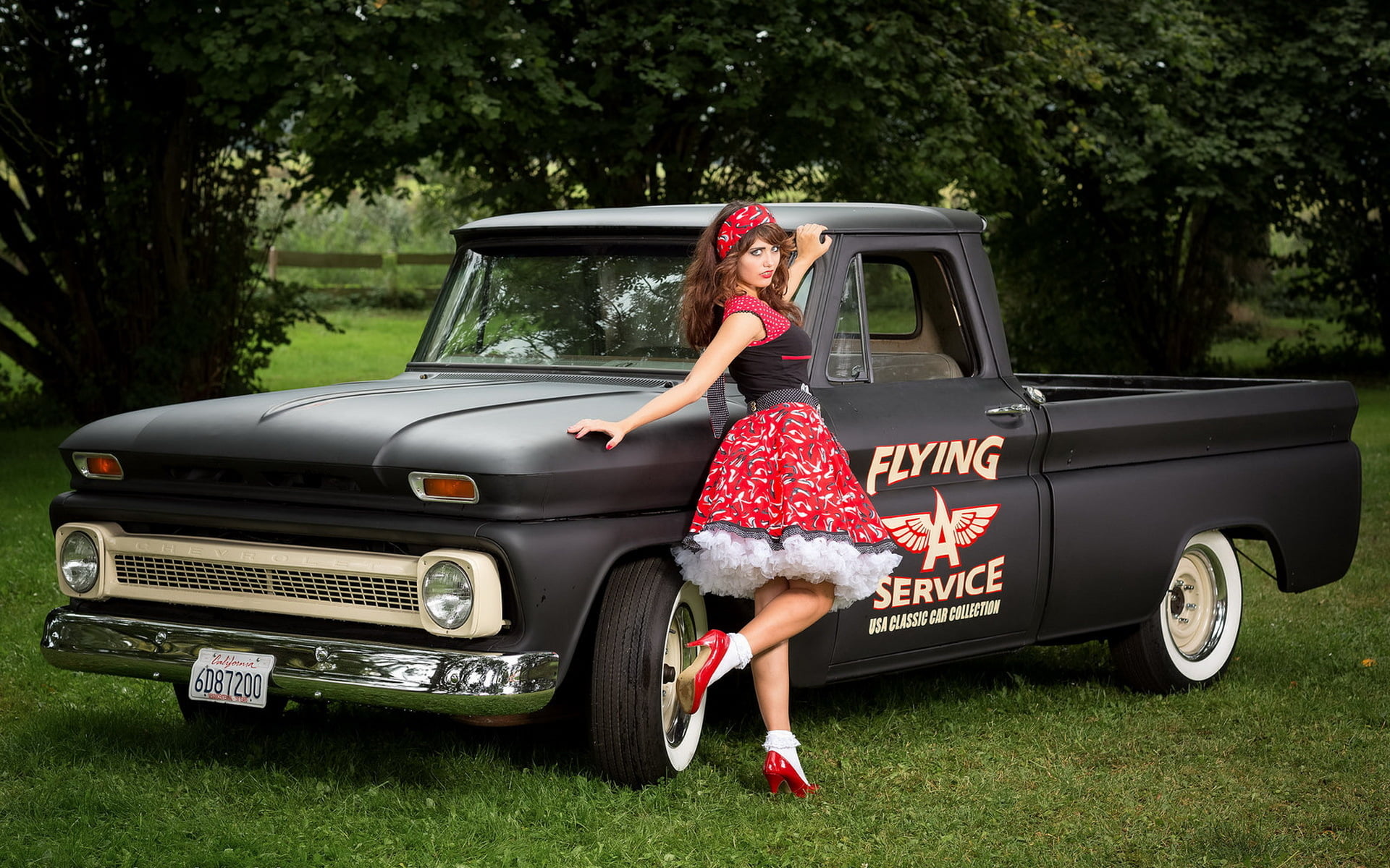 1080P, transportation, portrait, full length, motor vehicle, real people, women, girl, Pick-up, red, car, Chevrolet C10, beautiful woman, s, land vehicle, HD Wallpaper
