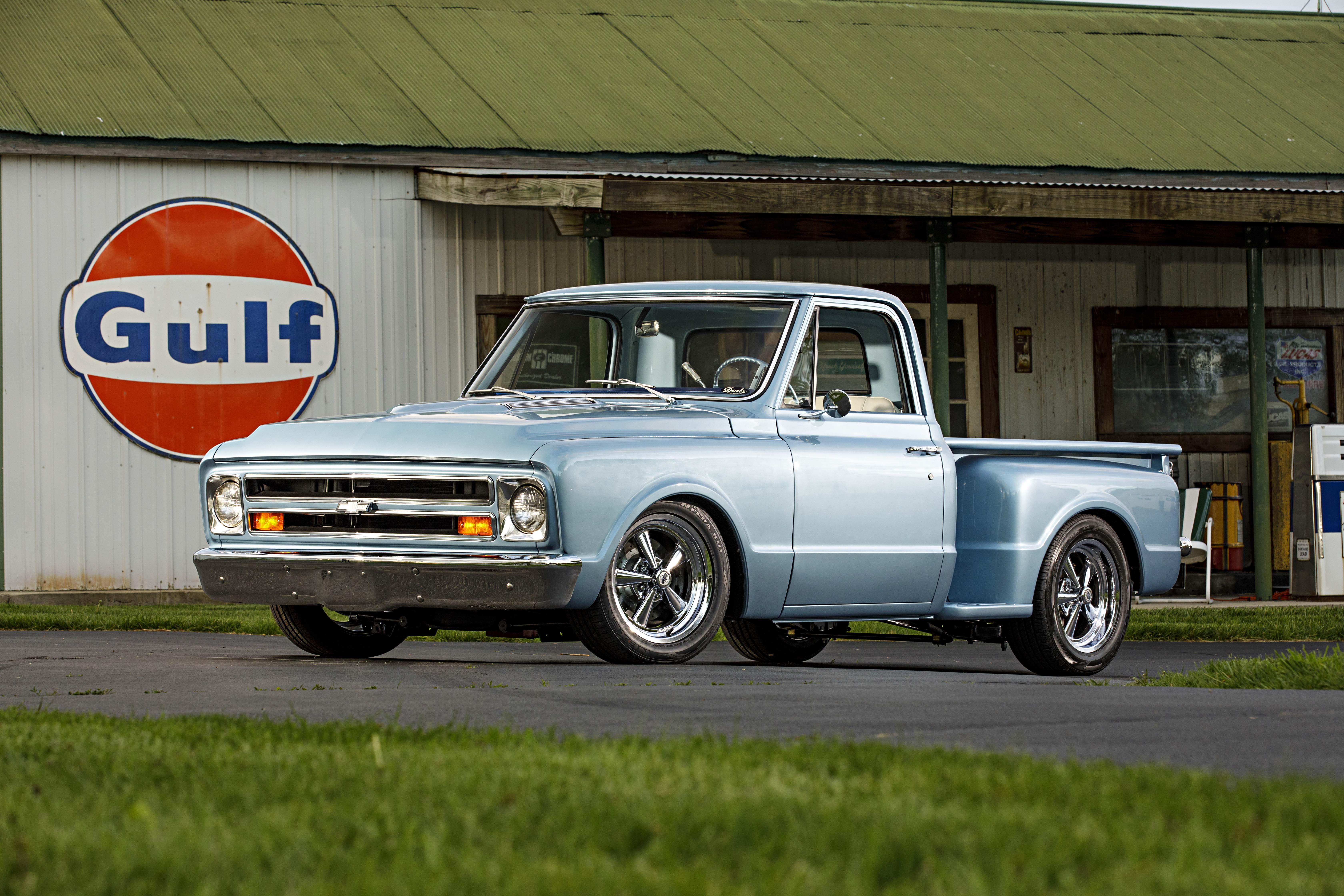 Chevrolet C10 Pickup, Chevrolet C10, Gulf, Hot Rod, 5K, Chevrolet, Pickup, Gas Station, HD Wallpaper