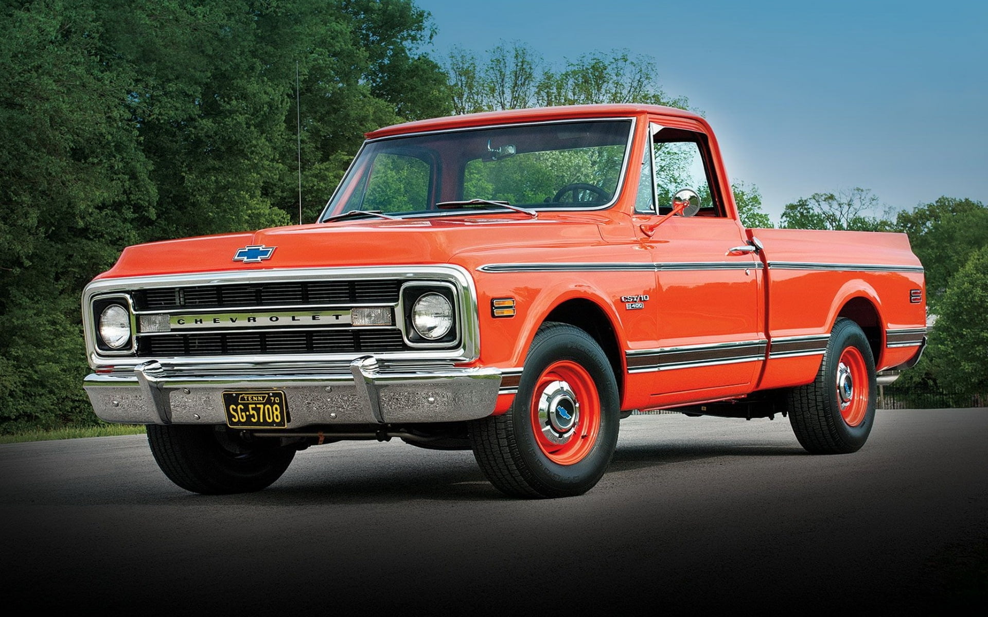 the front, car, Pickup, red, pick-up truck, 1970, day, C10, city, mode of transportation, tree, Chevrolet, no people, transportation, 1080P, Fleetside, HD Wallpaper