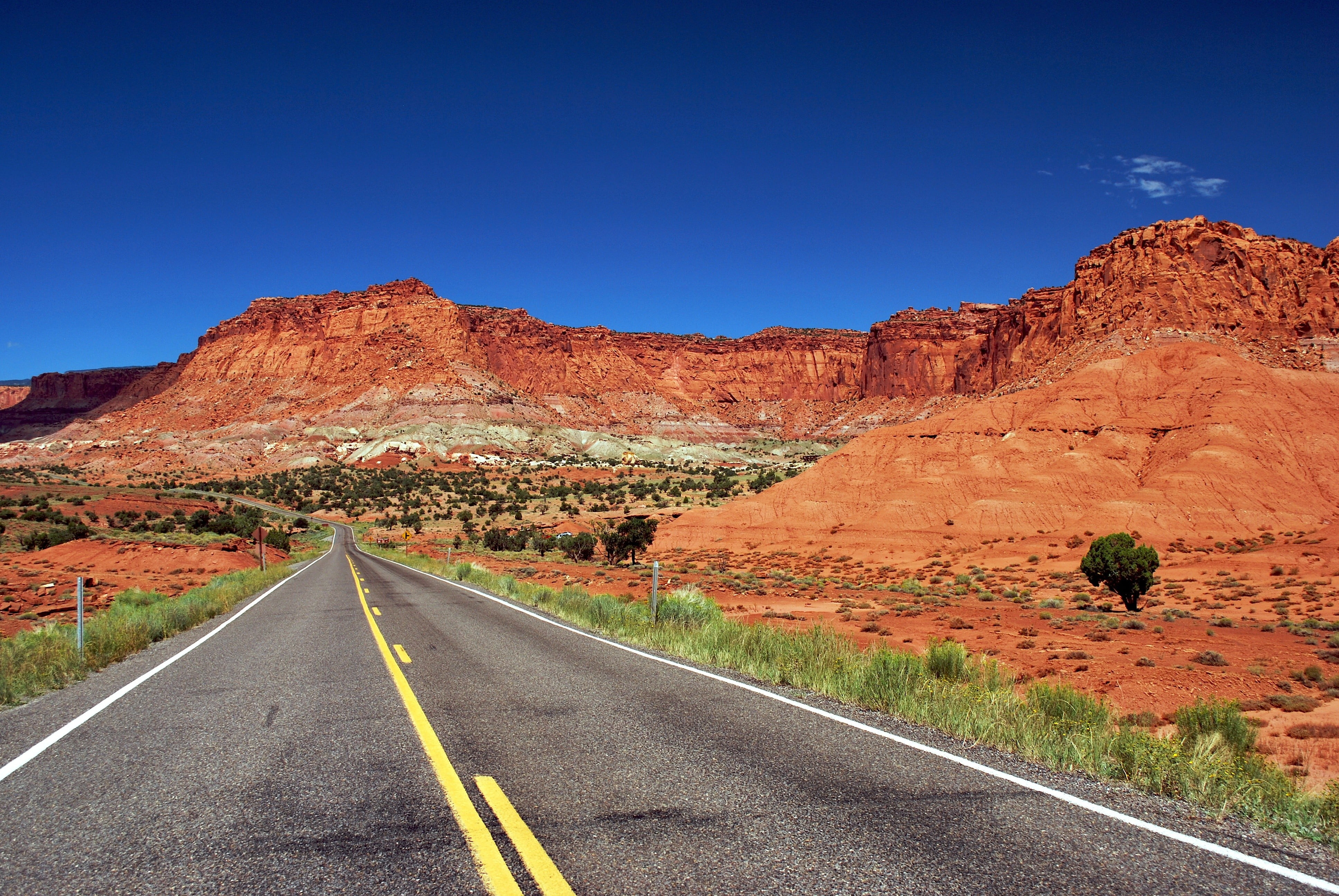 solid, desert, road marking, direction, formation, non-urban scene, mountain, the way forward, sky, mountain range, environment, travel destinations, rock - object, HD Wallpaper