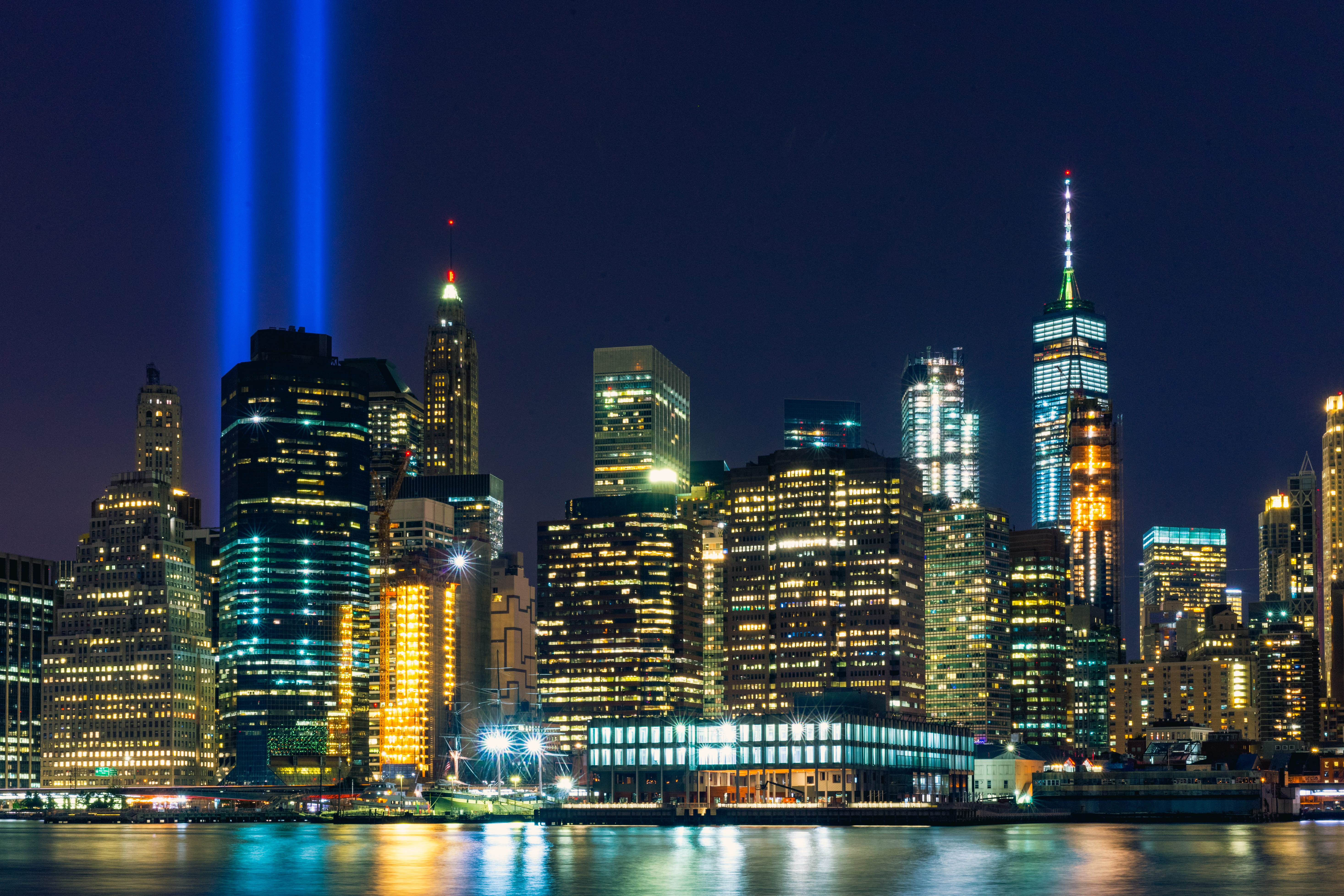 skyscraper, buildings, near, nighttime, night photography, september 11, rise, building exterior, tall - high, office, long exposure, neon lights, spire, HD Wallpaper