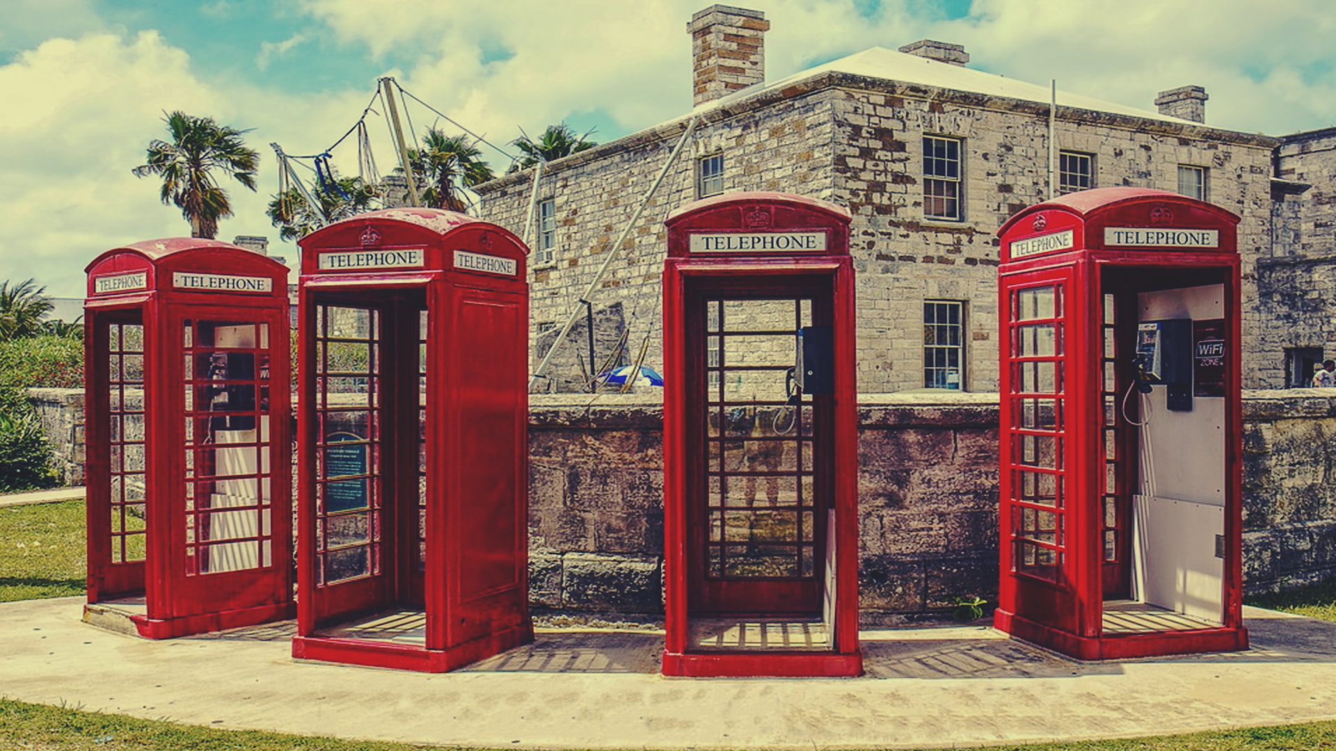 red, 1080P, phone, built structure, tree, vintage, street, outdoors, pay phone, telephone booth, architecture, telecommunications equipment, cloud - sky, HD Wallpaper