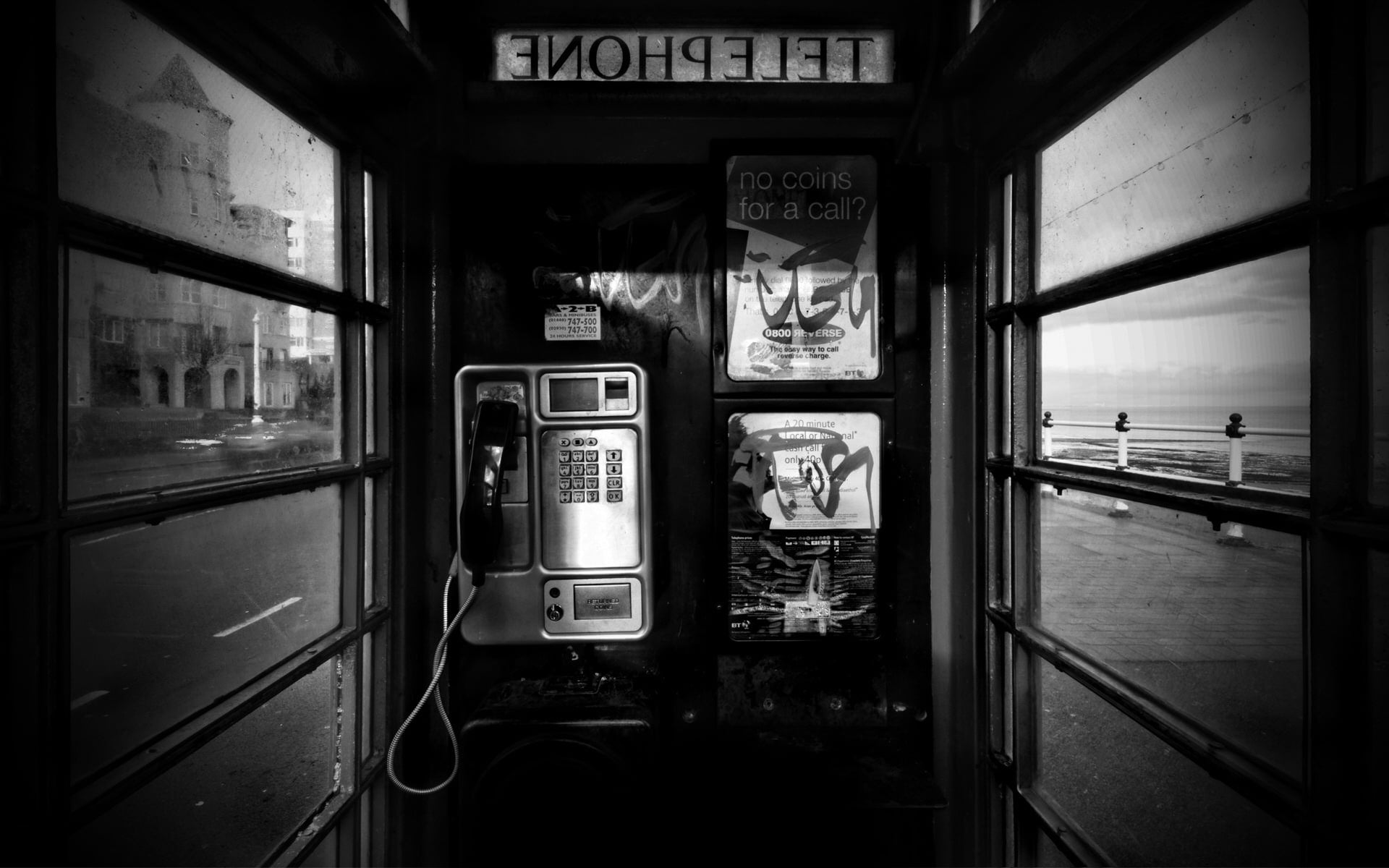 monochrome, pay Phone, urban Scene, telephone, old, equipment, black And White, rail transportation, indoors, booth, old-fashioned, mode of transportation, HD Wallpaper