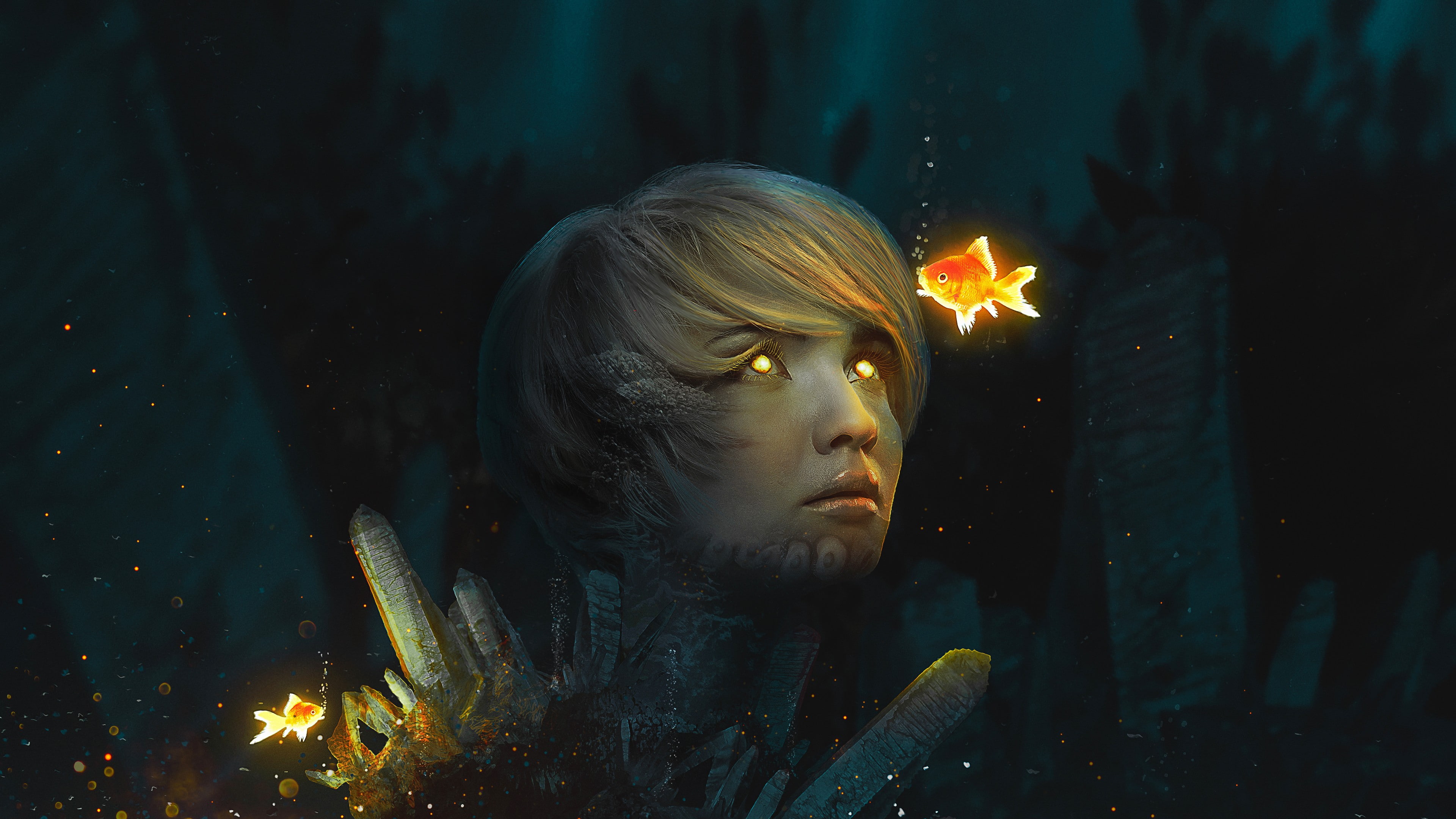 motion, fire, night, flame, 4K, photo manipulation, adult, illuminated, nature, goldfish, one person, glowing, young adult, headshot, hairstyle, burning, HD Wallpaper