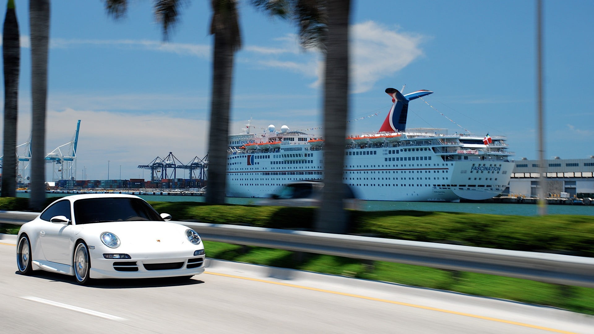 mode of transportation, day, land vehicle, tree, white, sky, car, motion, 1080P, travel, plant, black, architecture, Porsche 911, city, on the move, trailer, HD Wallpaper