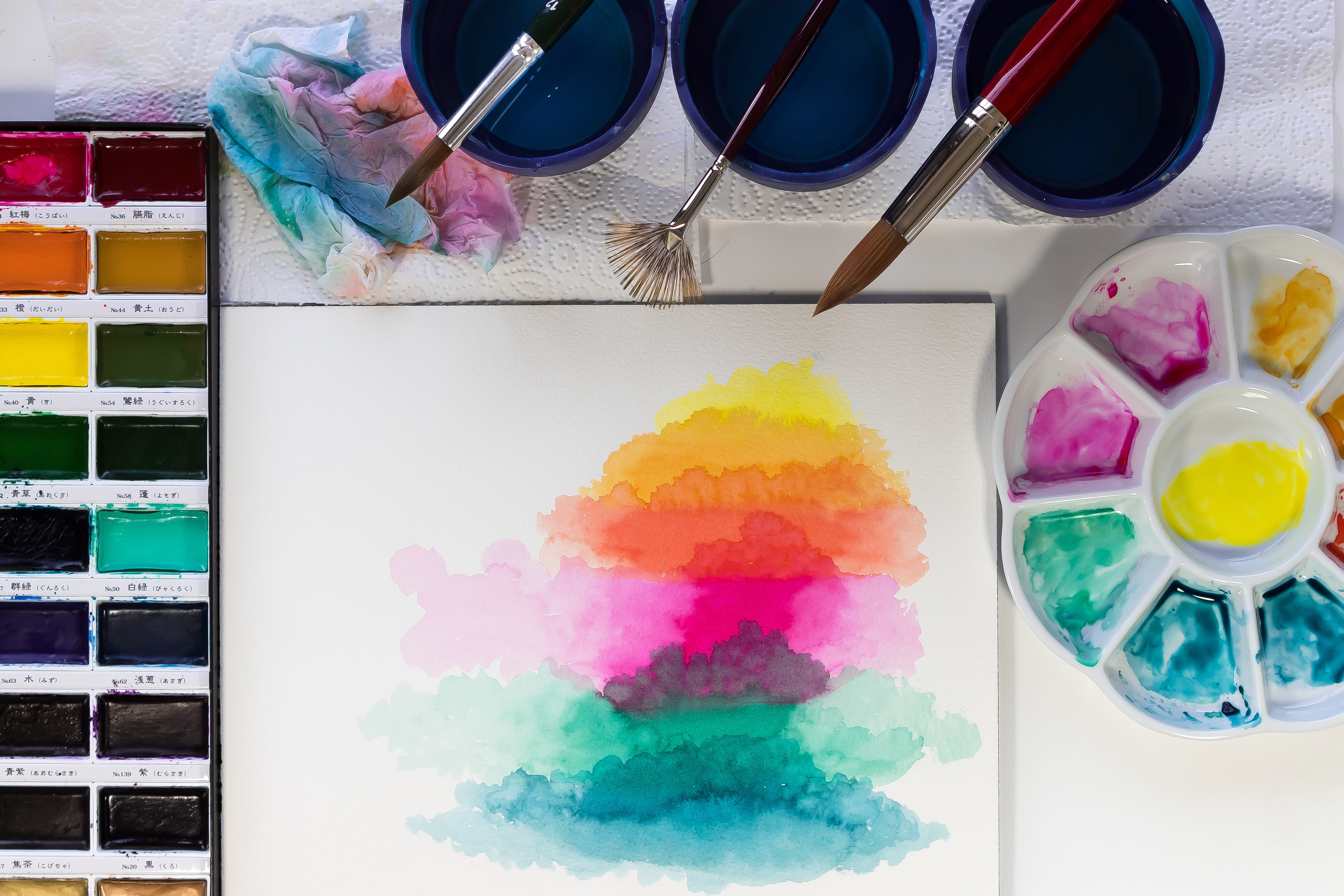 directly above, art and craft, soluble in water, 5K, art and craft equipment, text box, yellow, blue, table, orange, still life, craft, high angle view, HD Wallpaper