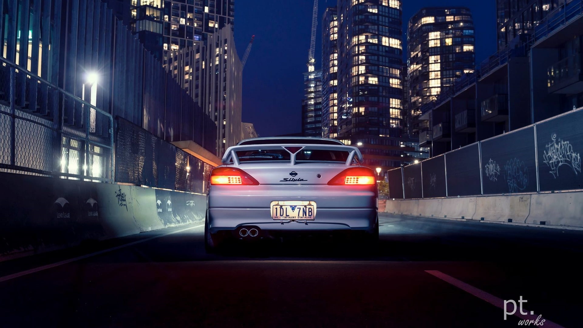 Japanese cars, lights, city, night, rear view, white cars, graffiti, Nissan, skyscraper, nissan silvia, Nissan 200SX, road, JDM, Nissan Silvia S14, 1080P, HD Wallpaper