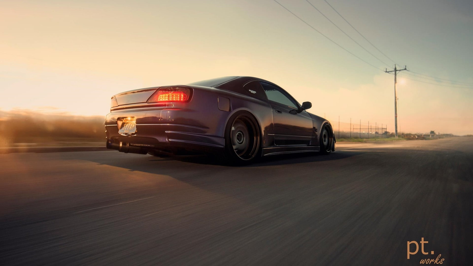 sunset, vehicle, car, road, purple cars, Nissan, Nissan Silivia, sports car, Japanese cars, JDM, power lines, 1080P, Nissan 200SX, HD Wallpaper