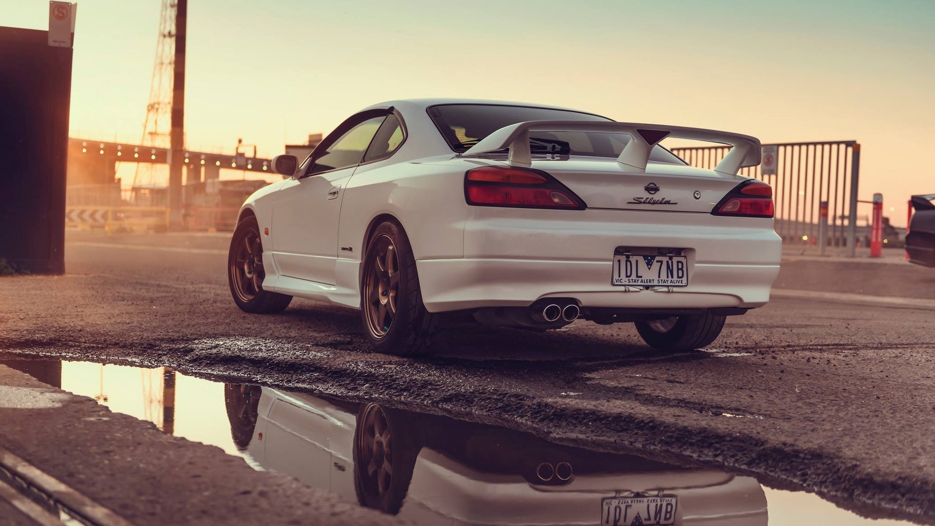 Nissan 200SX, Nissan Silvia S14, vehicle, sports car, 1080P, Nissan, puddle, water, nissan silvia, car, Japanese cars, JDM, white cars, reflection, HD Wallpaper