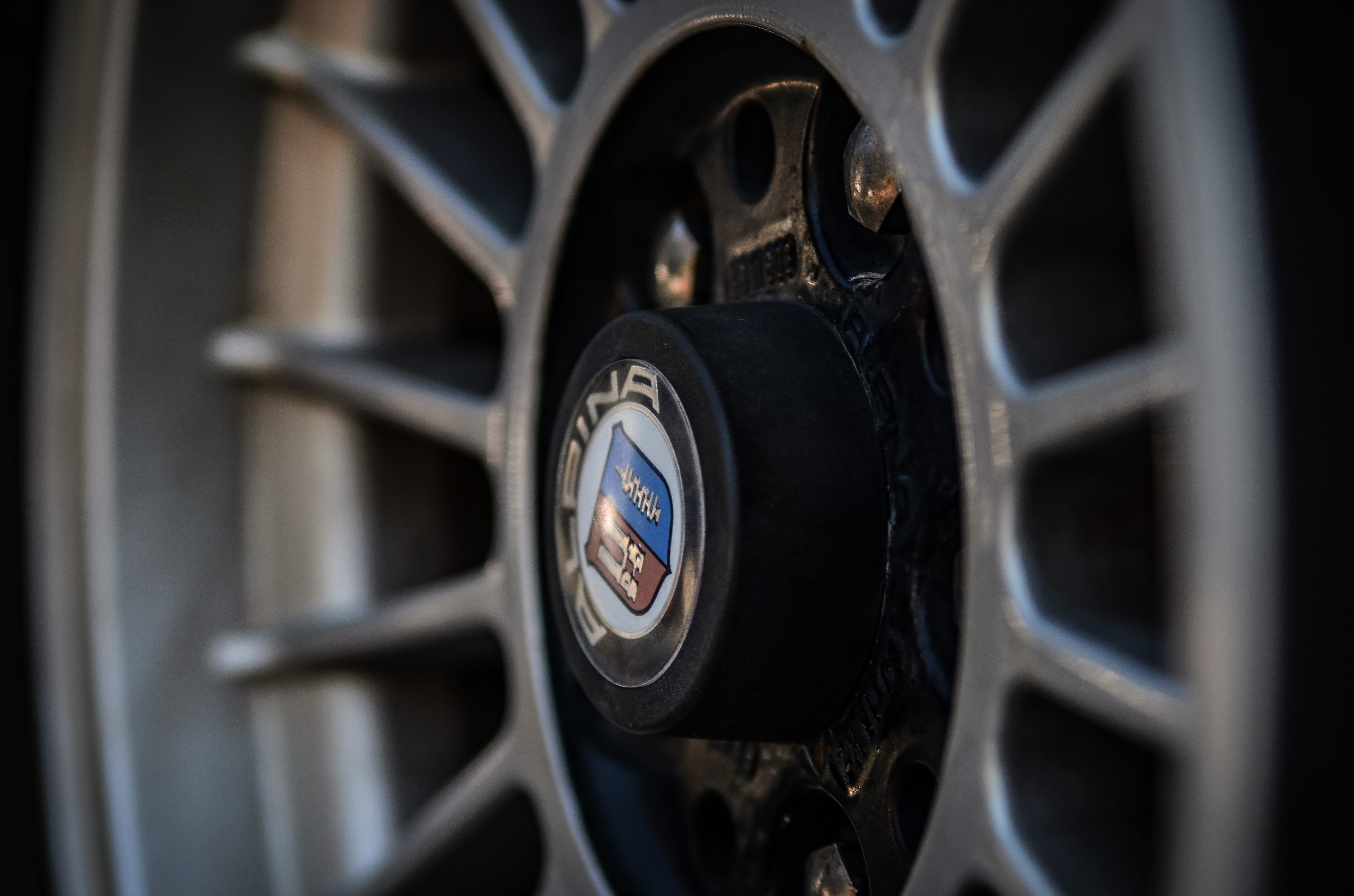 black color, metal, automotive, trademark, alpina, close-up, classic, focus on foreground, still life, symbol, mode of transportation, details, 4K, wheels, HD Wallpaper