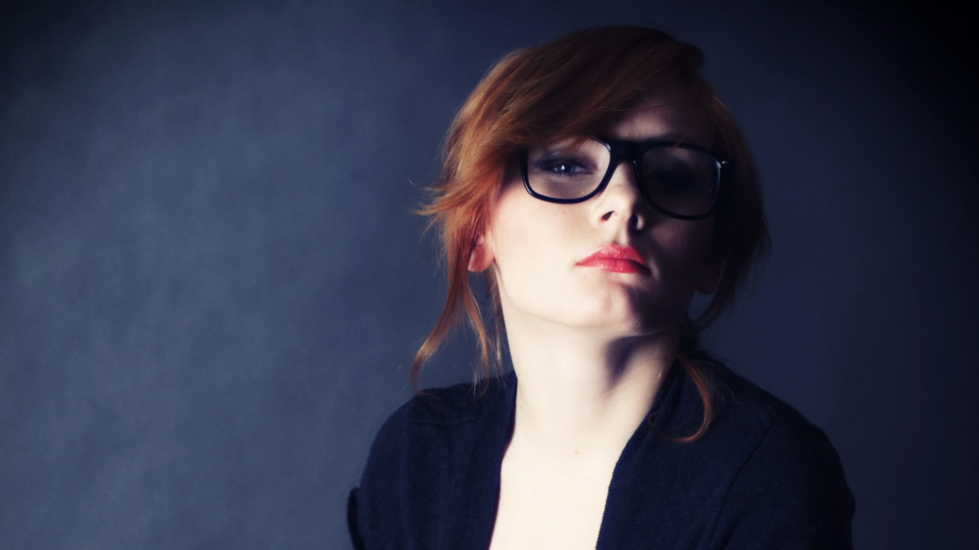 model, beautiful woman, front view, studio shot, 1080P, contemplation, fashion, indoors, eyeglasses, nerds, blue background, woman, hair, gray background, HD Wallpaper