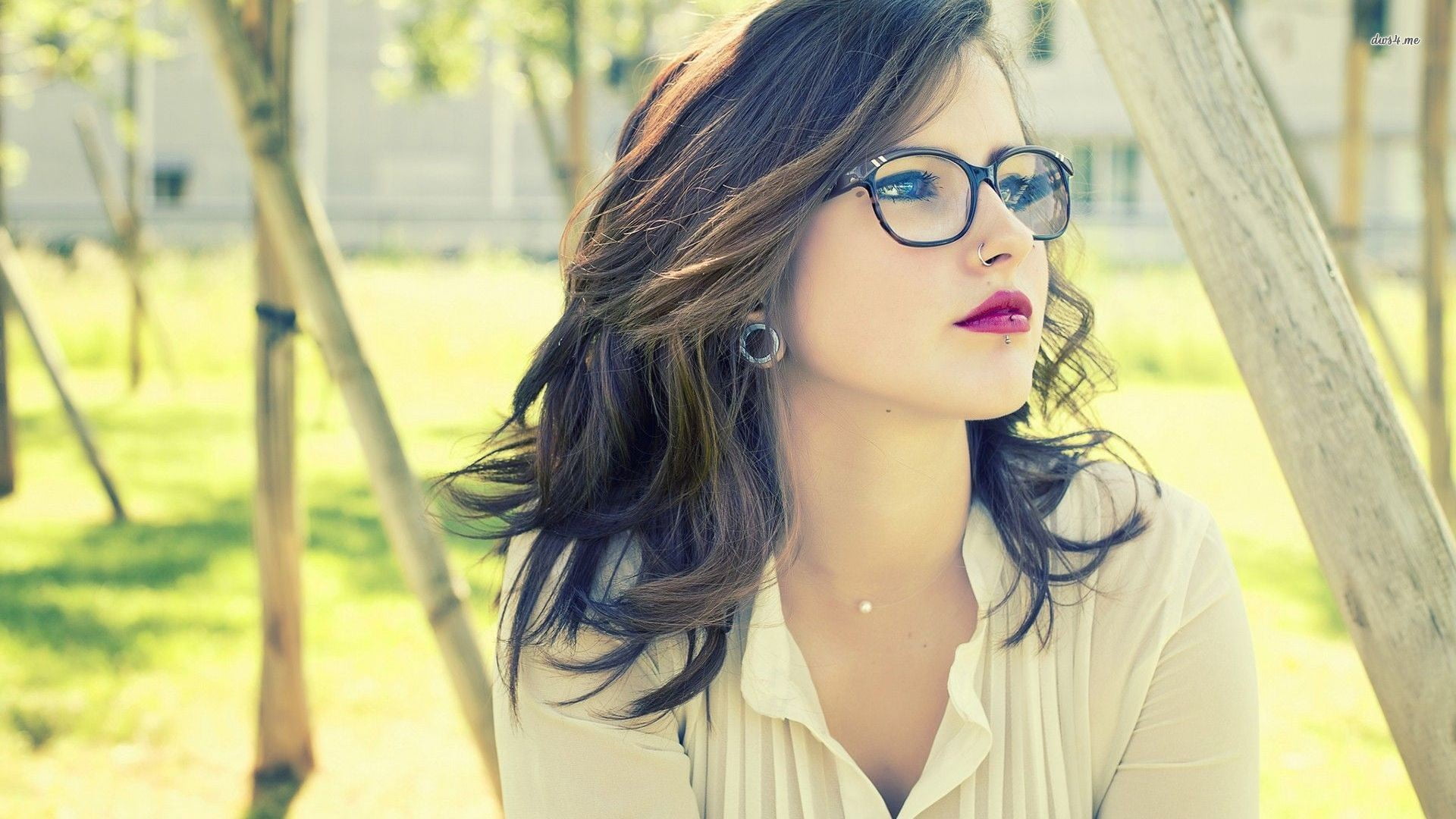 outdoors, hair, women with glasses, leisure activity, blue eyes, brunette, beauty, long hair, headshot, blouses, glasses, red lipstick, looking, piercing, HD Wallpaper