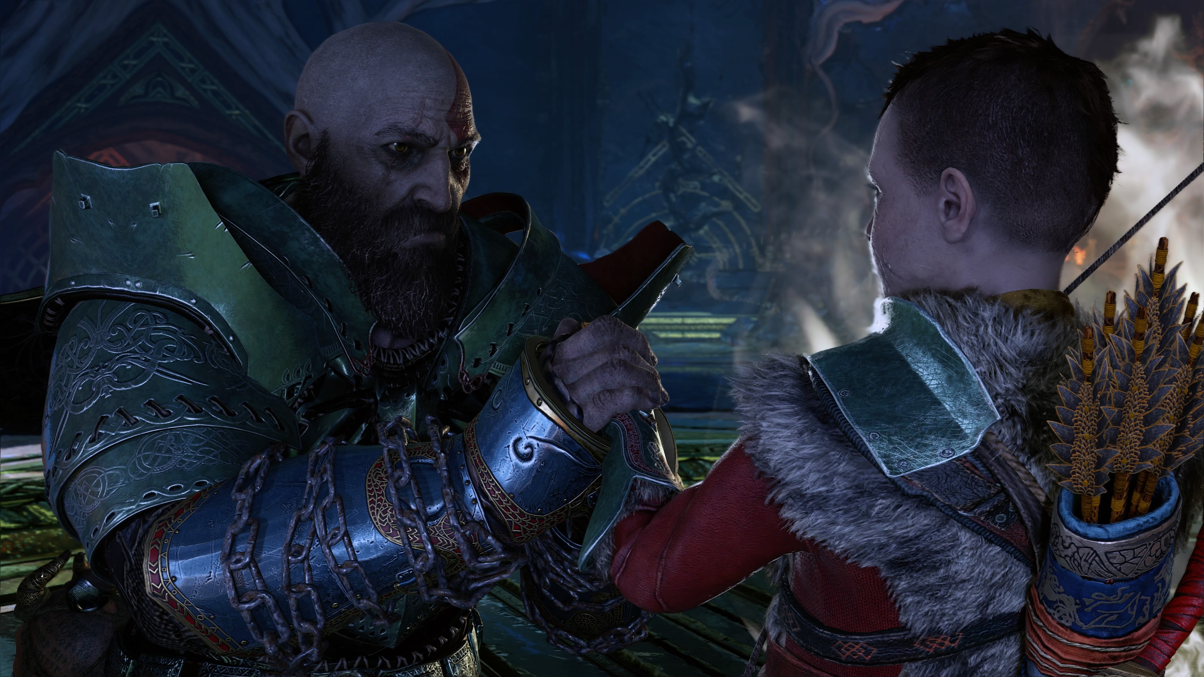 4K, weapon, males, young adult, lifestyles, men, aggression, adult, two people, clothing, santa monica, Sony, young men, communication, activity, God of War, HD Wallpaper