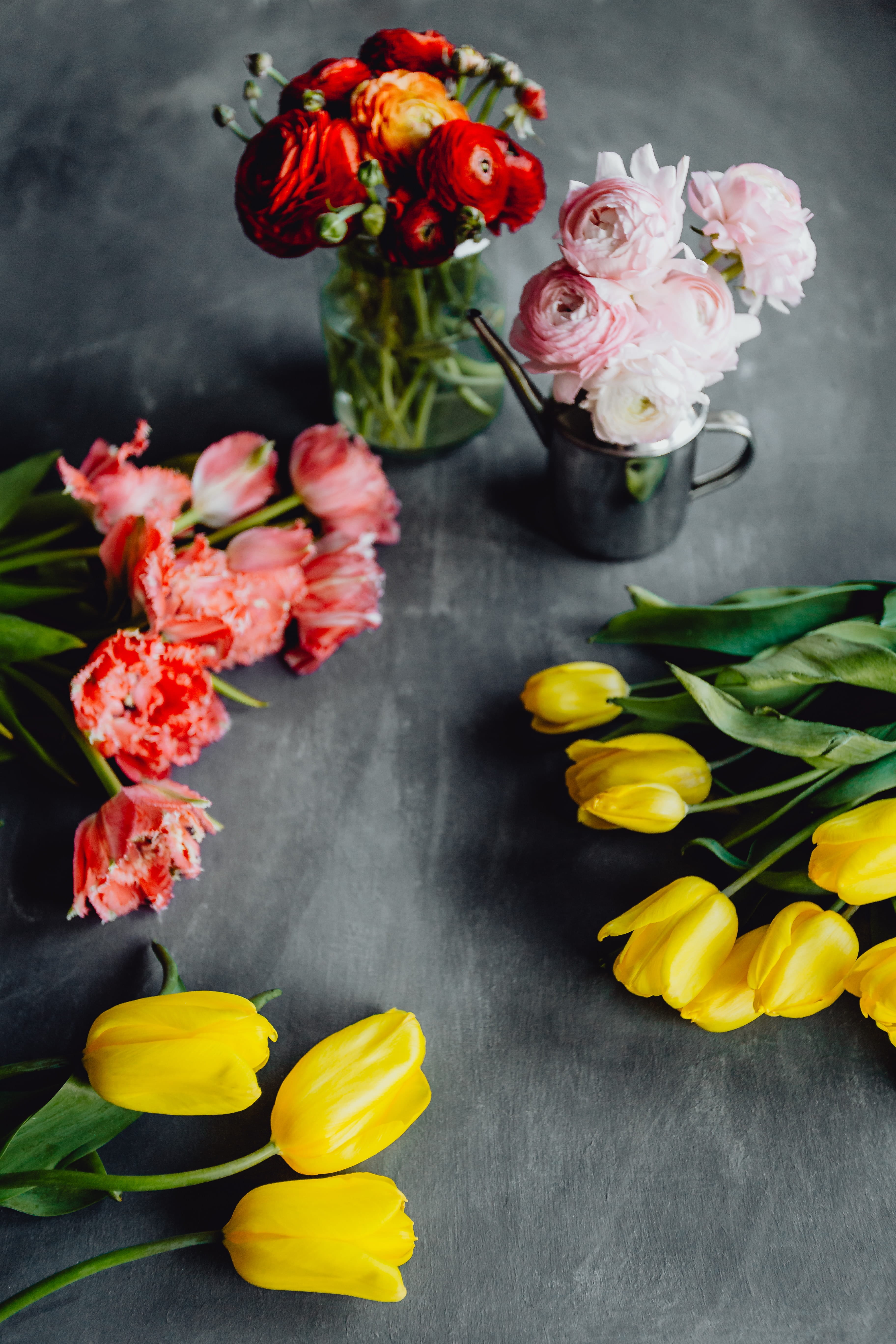 vulnerability, grey, background, fragility, rose, vase, floral, space, 5K, bouqet, bunch of flowers, table, plant, colorful, blossom, tulip, flowering plant, Phone HD Wallpaper