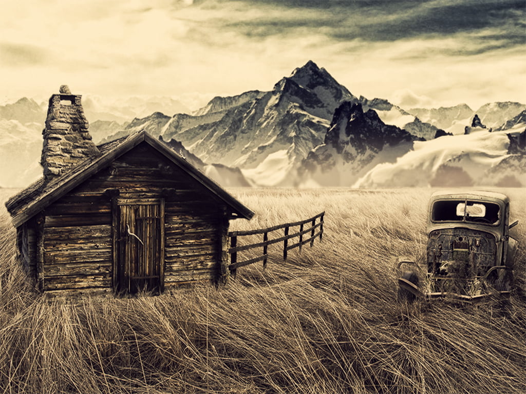architecture, cabin, brown, outdoors, fence, mountains, tranquil scene, no people, nature, sky, mountain range, scenics - nature, cloud - sky, non-urban scene, HD Wallpaper