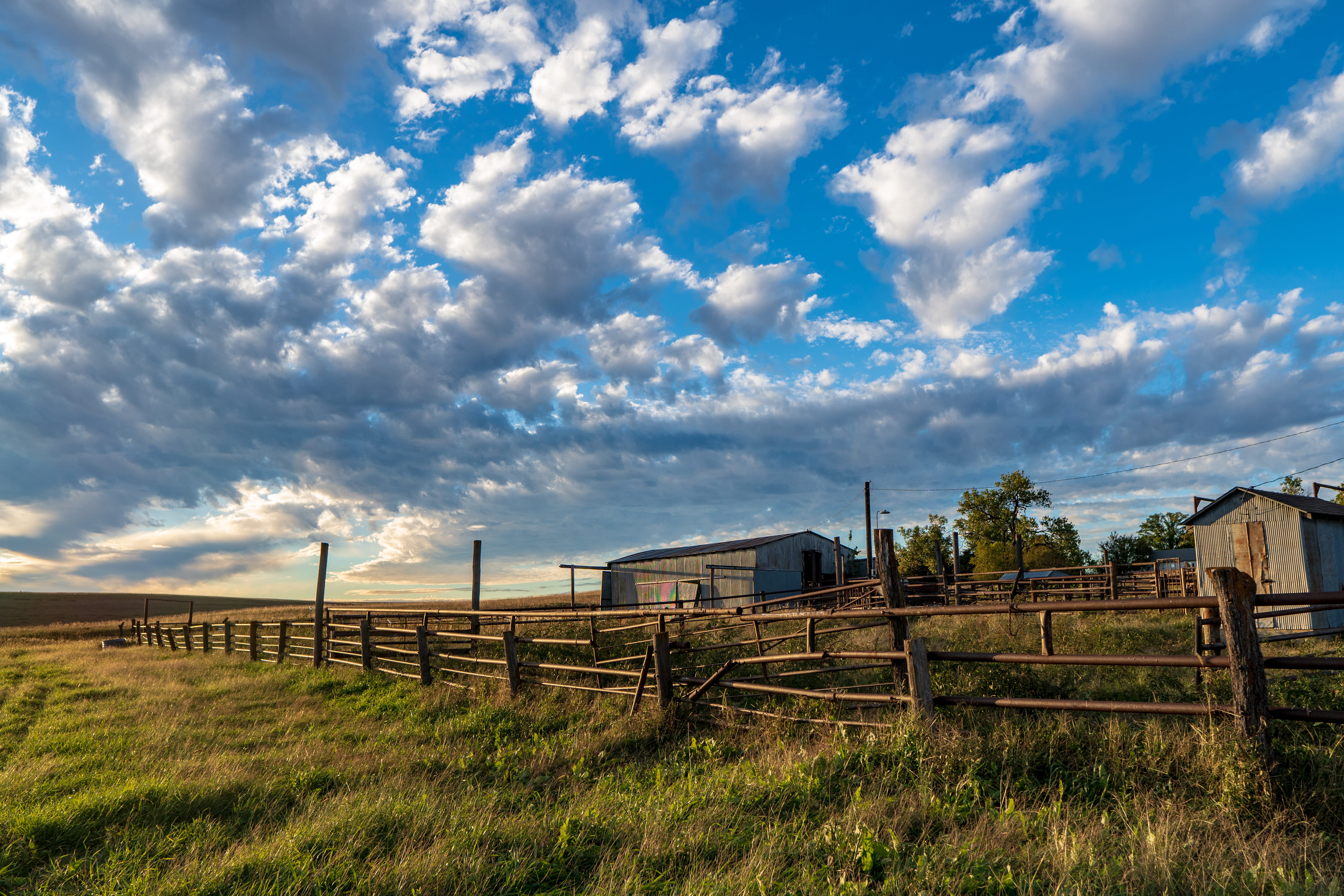 tallgrass prairie national preserve, farm, no people, trees, stall, wood - material, blue, outdoors, field, architecture, barrier, land, rural, boundary, HD Wallpaper