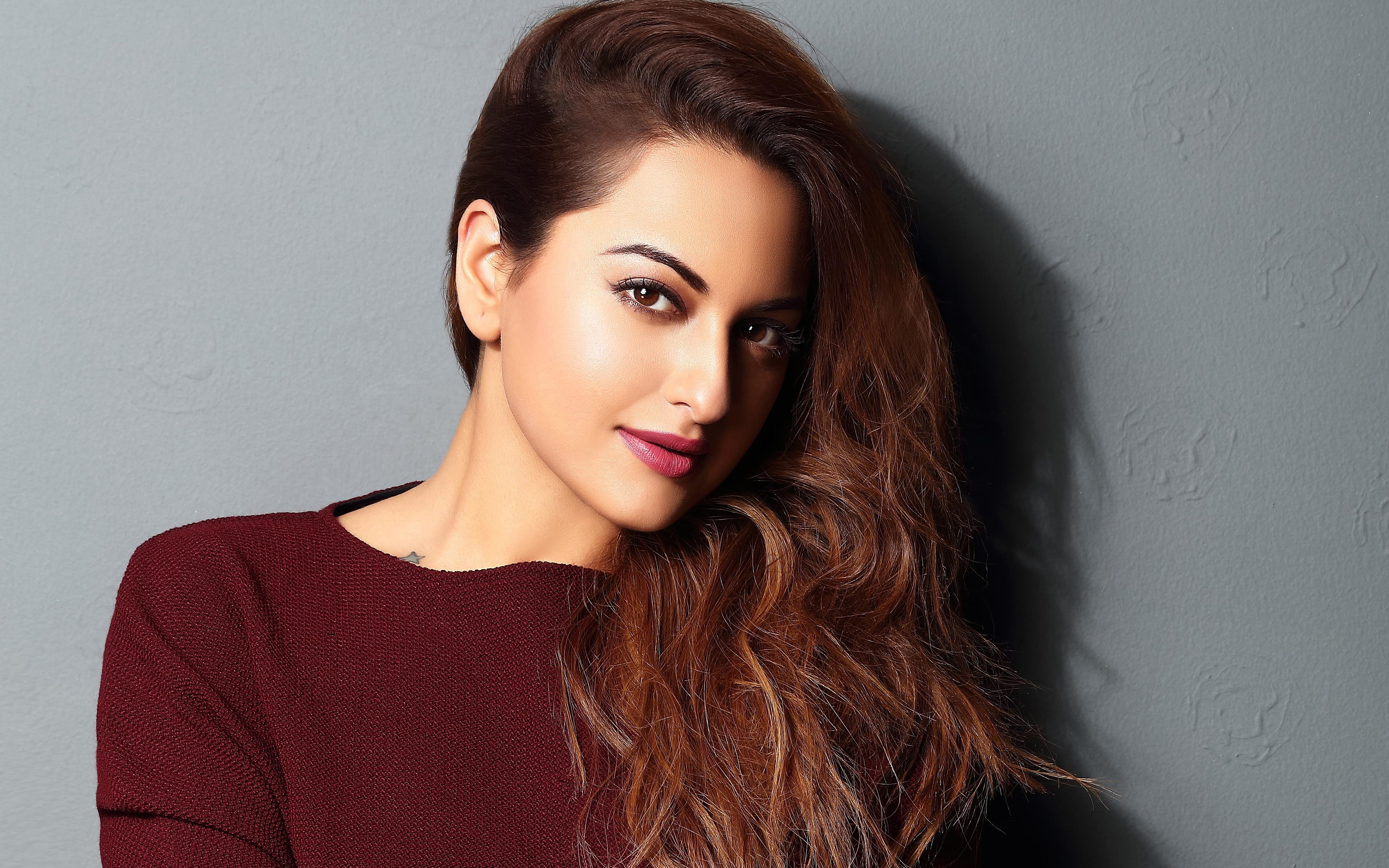 headshot, portrait, 4K, brown hair, sinha, gray, young adult, actor, women, human face, sonakshi, indian, hd, photo, looking at camera, one person, maroon, HD Wallpaper