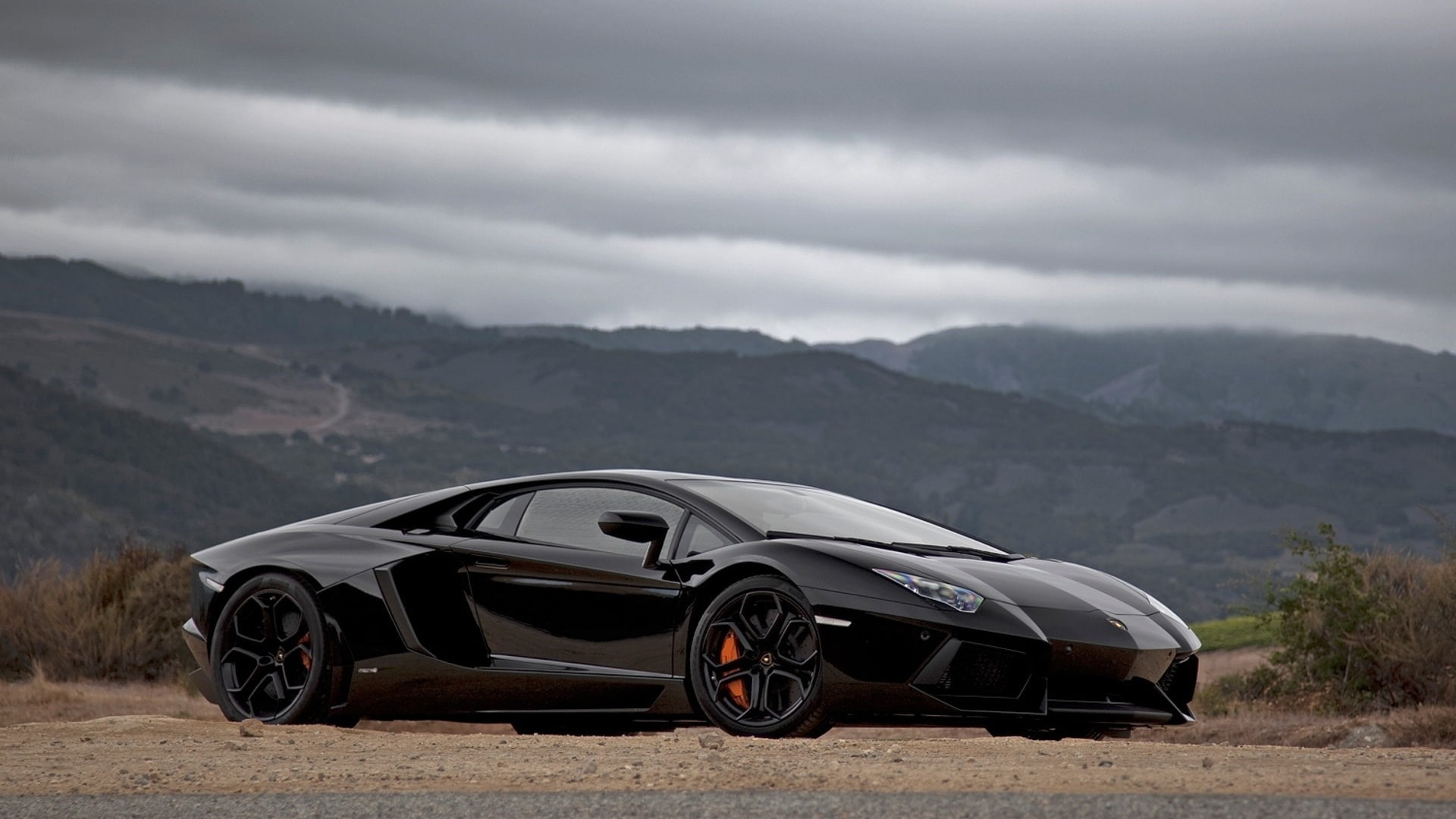 sport, 1080P, cool, brand, famous, clouds, outdoors, famous brand, car, black, mountain, lamborghini, HD Wallpaper