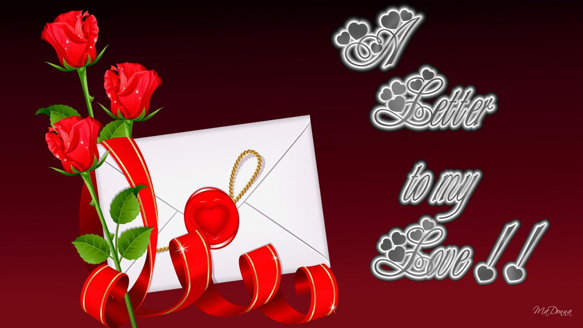 1080P, red, roses, seal, illustration, hearts, love, valentines day, letter, envelope, note	red rose, romantic, red rosse, ribbon, HD Wallpaper