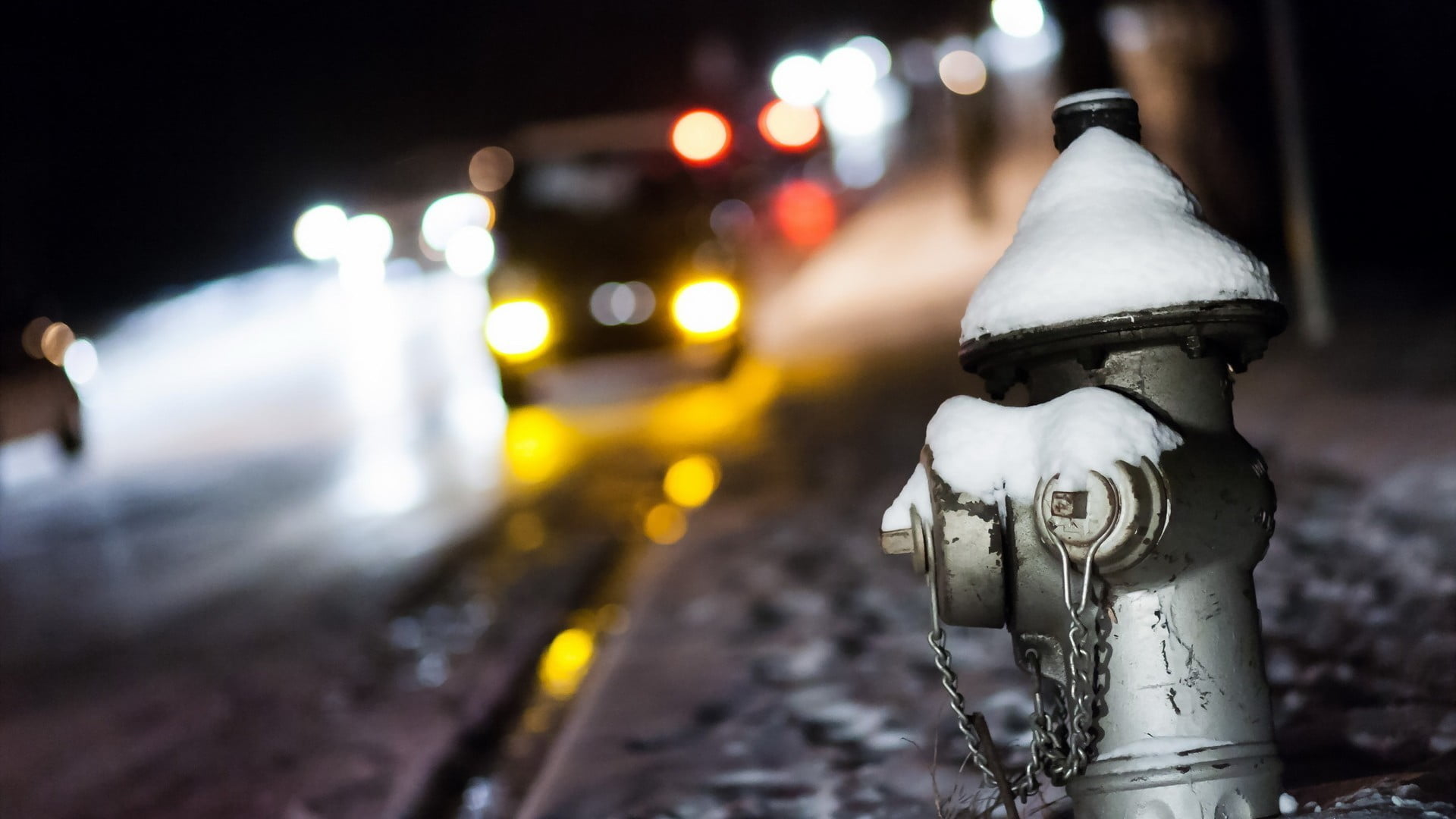 yellow, security, road, illuminated, transportation, lighting equipment, fire hydrants, cold temperature, headlight, selective focus, blurred, metal, snow, HD Wallpaper