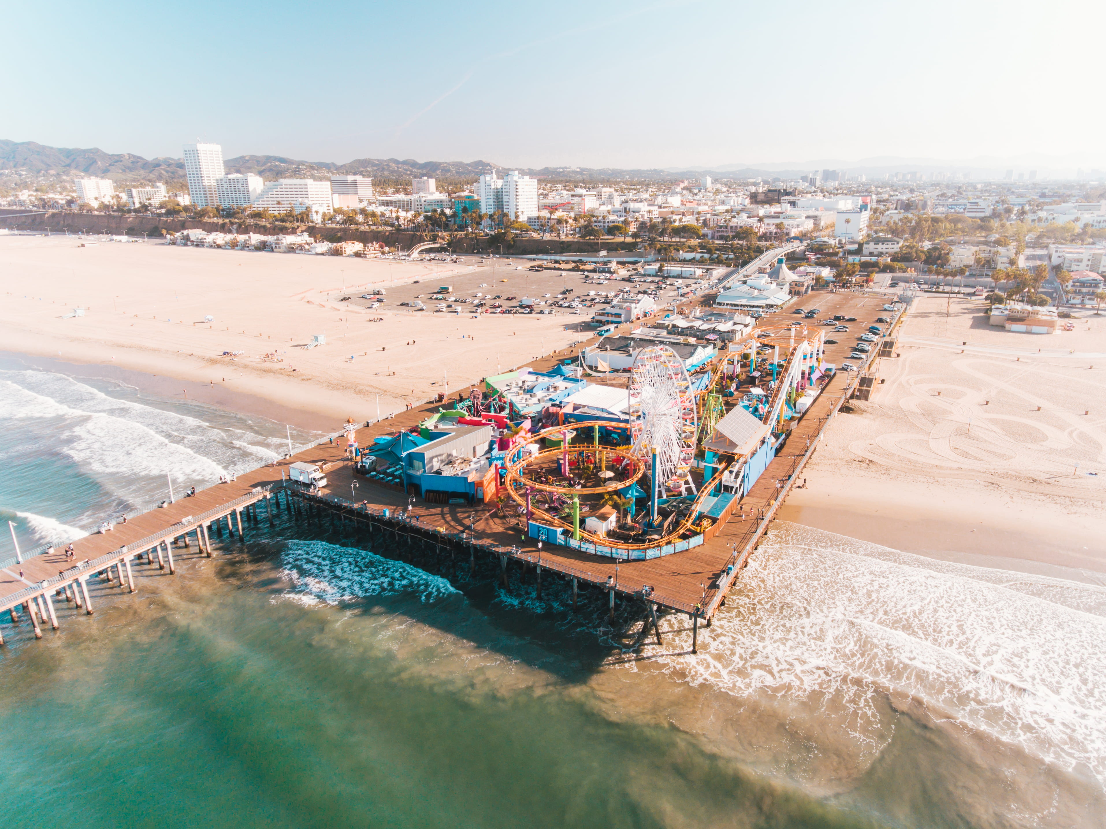 body, cityscape, sea, nautical vessel, santa monica californium, pier, transportation, roller coaster, cali, sunny, nature, rollercoaster, high angle view, HD Wallpaper