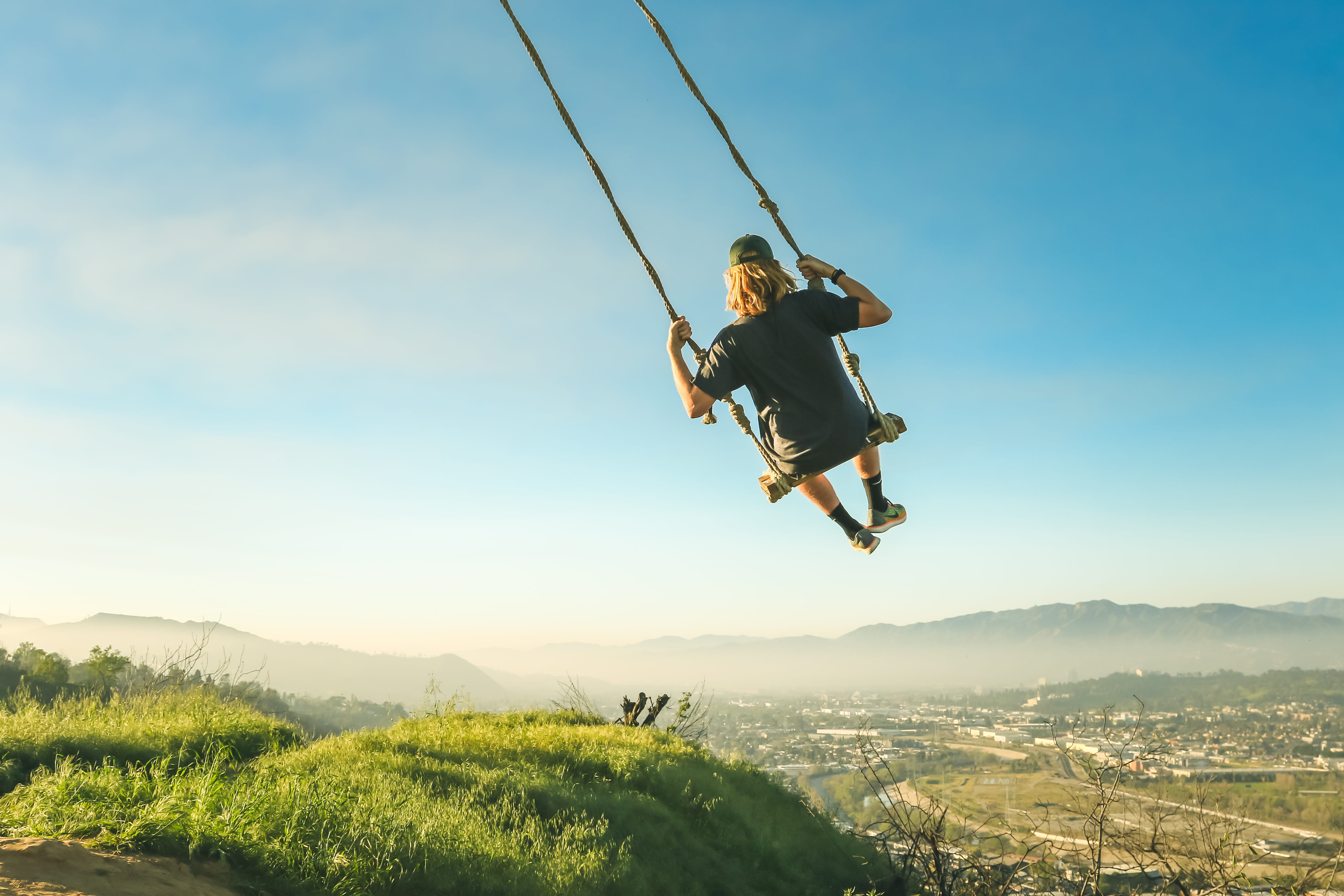 looking out, plant, mountain, sport, real people, lifestyles, casual clothing, sunset, socal, hilltop, blue, view, adventure, 5K, sky, hill, rope, young adult, HD Wallpaper