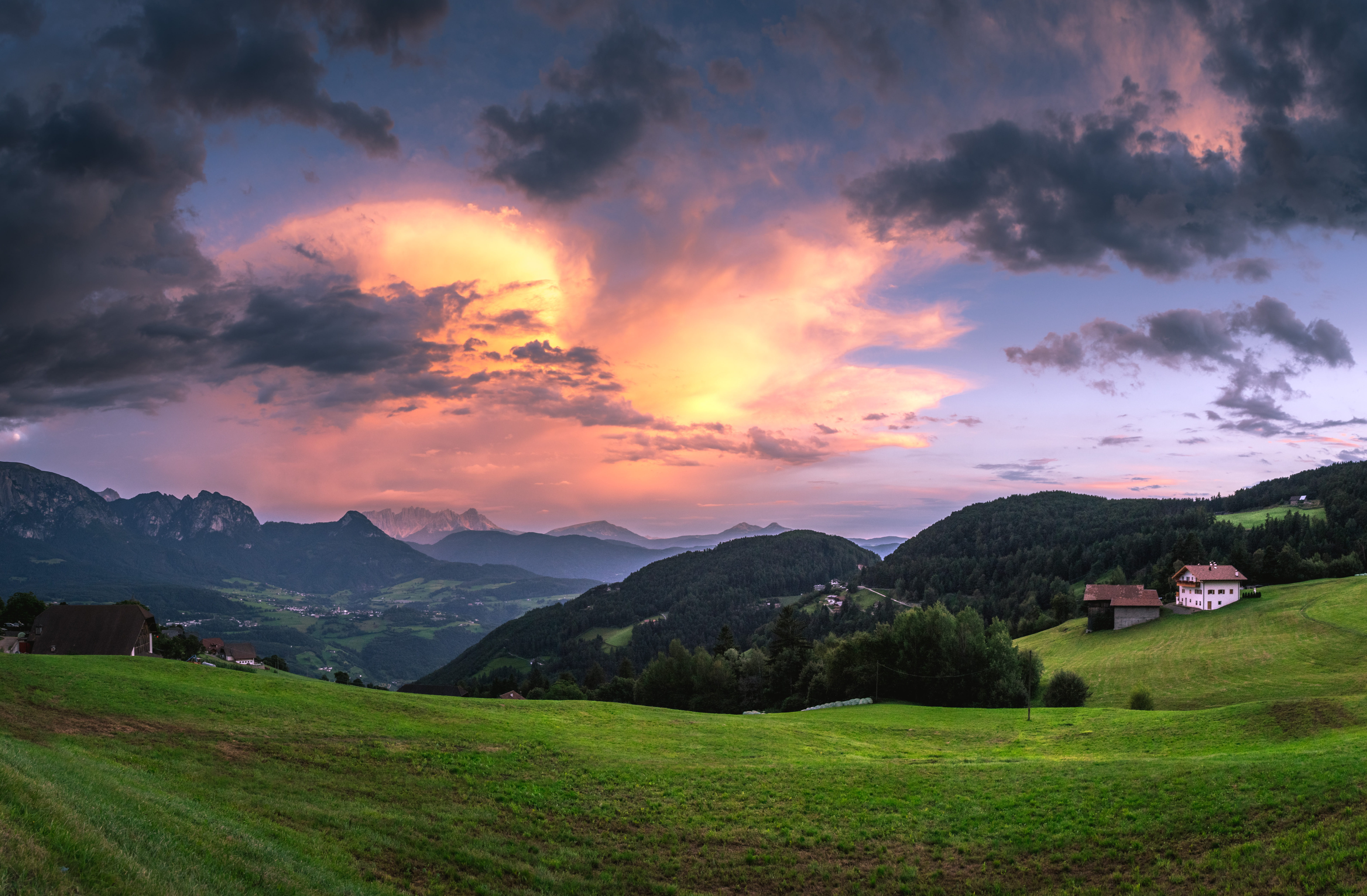summer, set, meadow, horizon, mountain, blue, field, scenics - nature, grass, sunset, scenics, environment, sun, plant, cloudscape, tree, cloud - Sky, green, HD Wallpaper