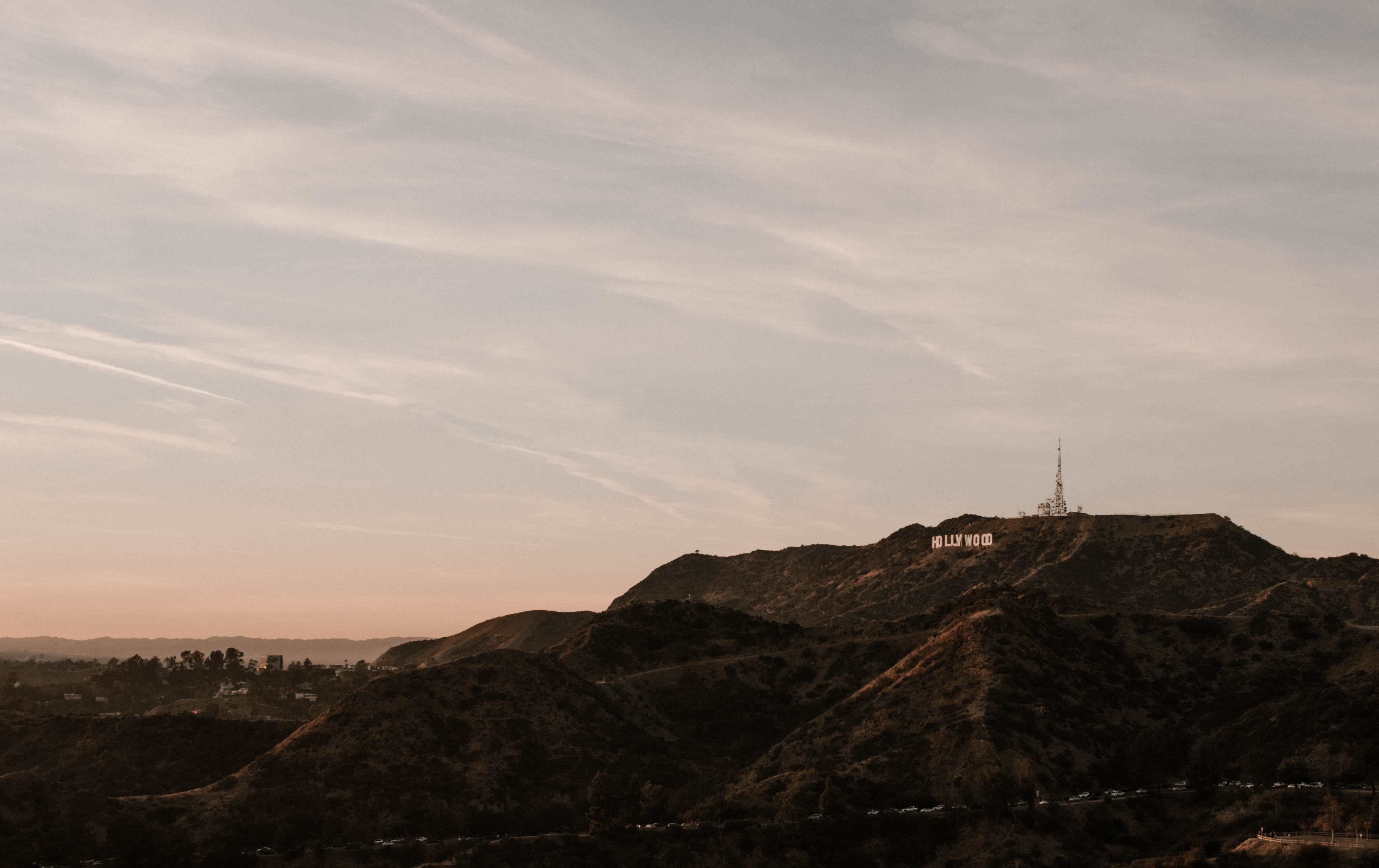 no people, hollywood, sky, nature, rock formation, sign, mountain, land, outdoors, solid, tranquil scene, tranquility, sunset, beauty in nature, rock - object, HD Wallpaper