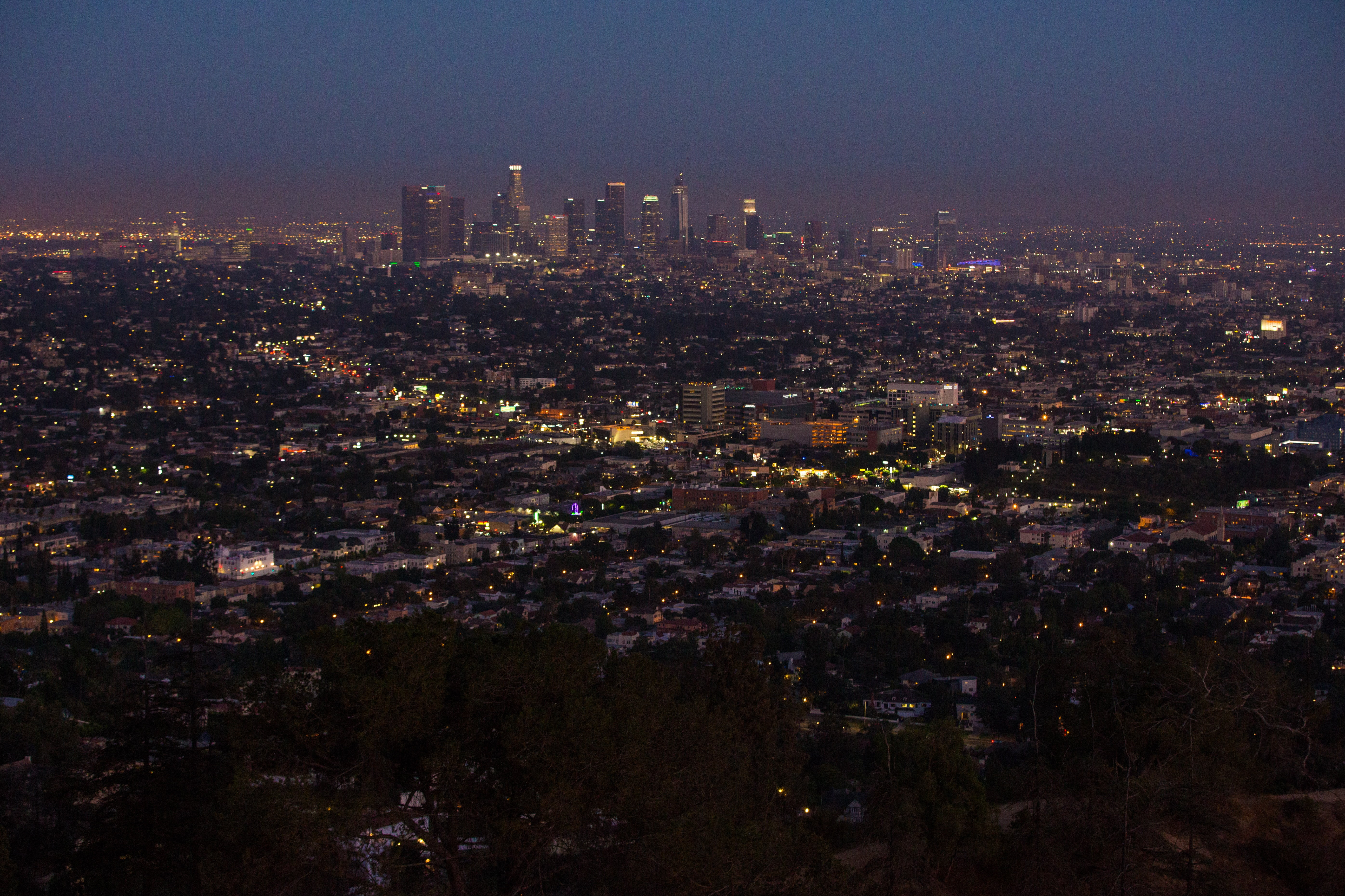 no people, usa, skyscraper, la, office, los angeles, landmark, dusk, sunset, sky, residential district, architecture, los angeles skyline, district, night, HD Wallpaper