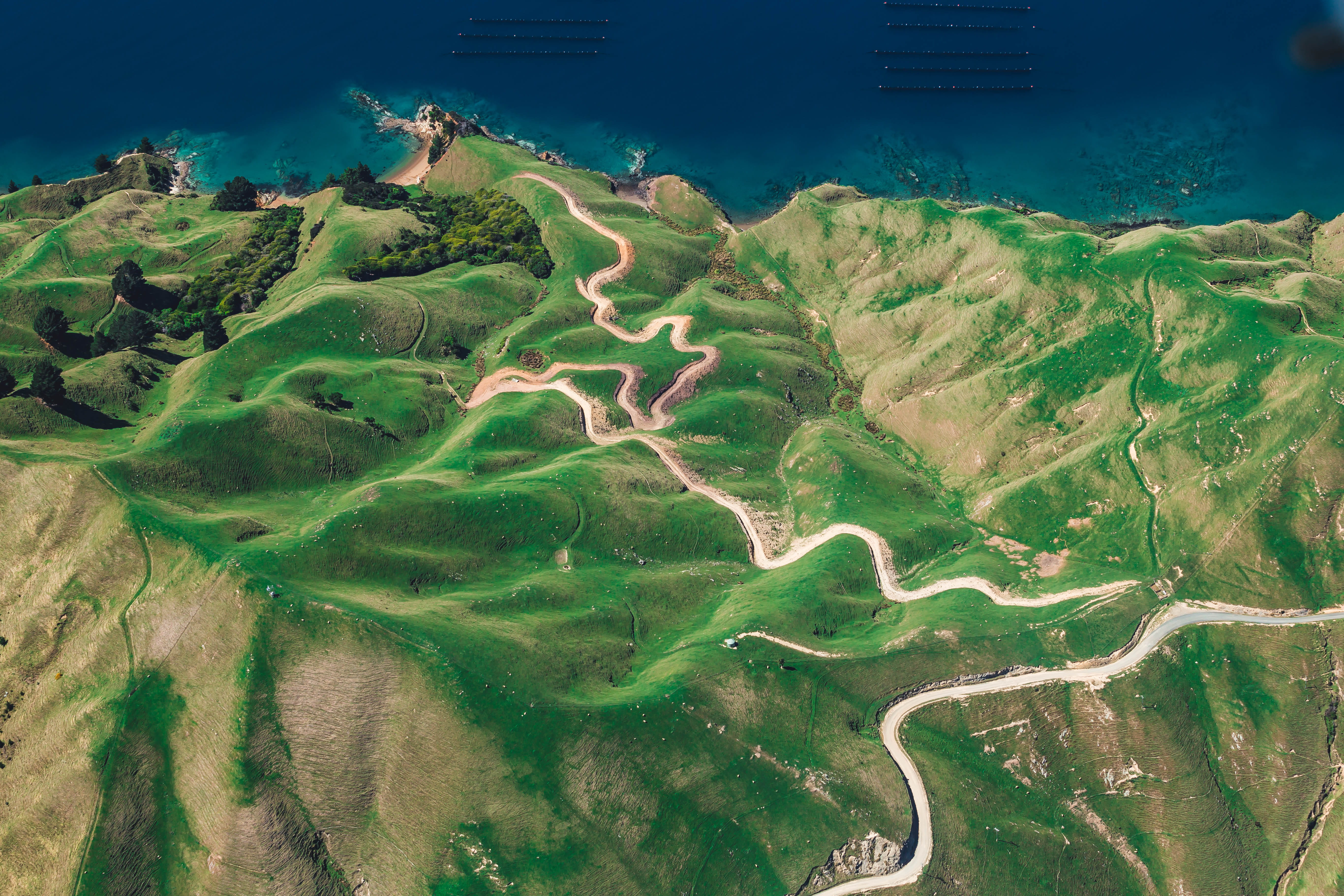ridge, rural scene, sea, sky, environment, curved, aerial View, growth, no people, photography, aerial, green, 5K, roads, green color, landscape, built structure, HD Wallpaper