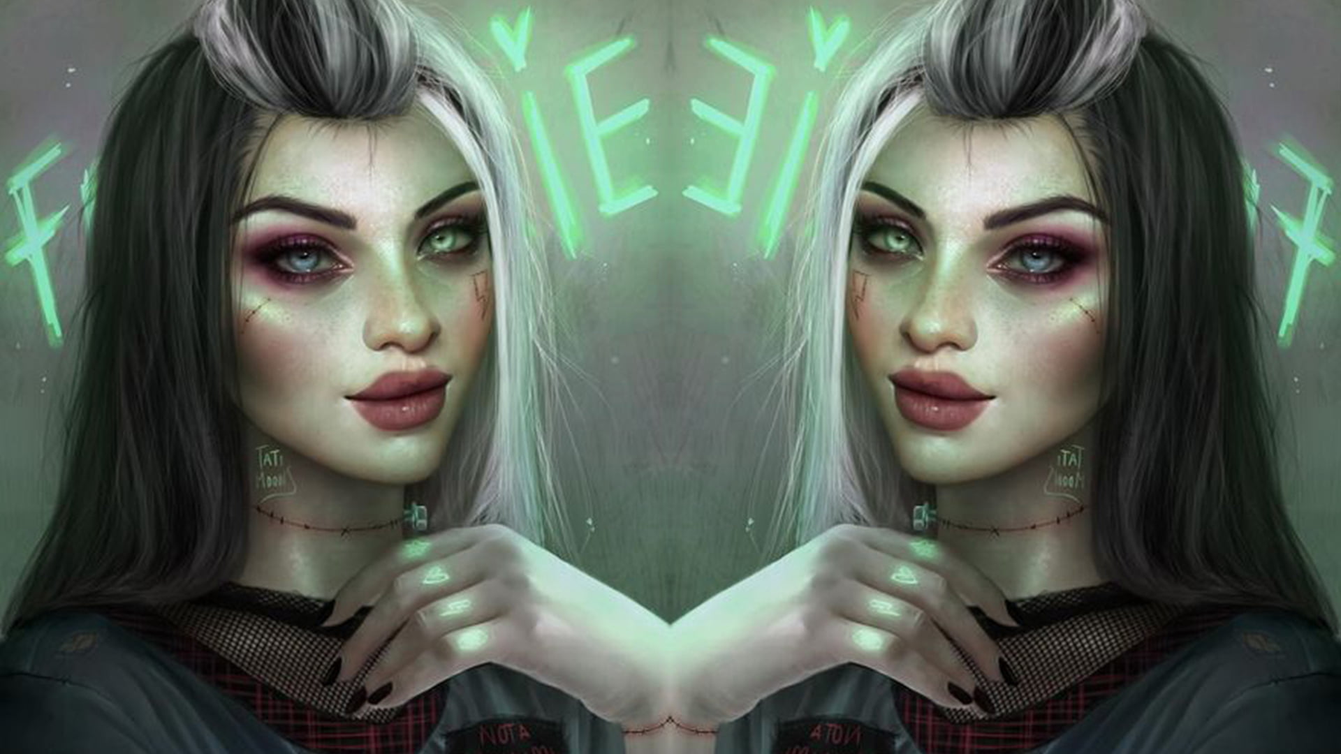 futuristic city, women angel, green, glasses, women, fantasy art, Woman in Red, Fantasia, artwork, red, 1080P, neon, neon lights, pink, futuristic, blue, HD Wallpaper