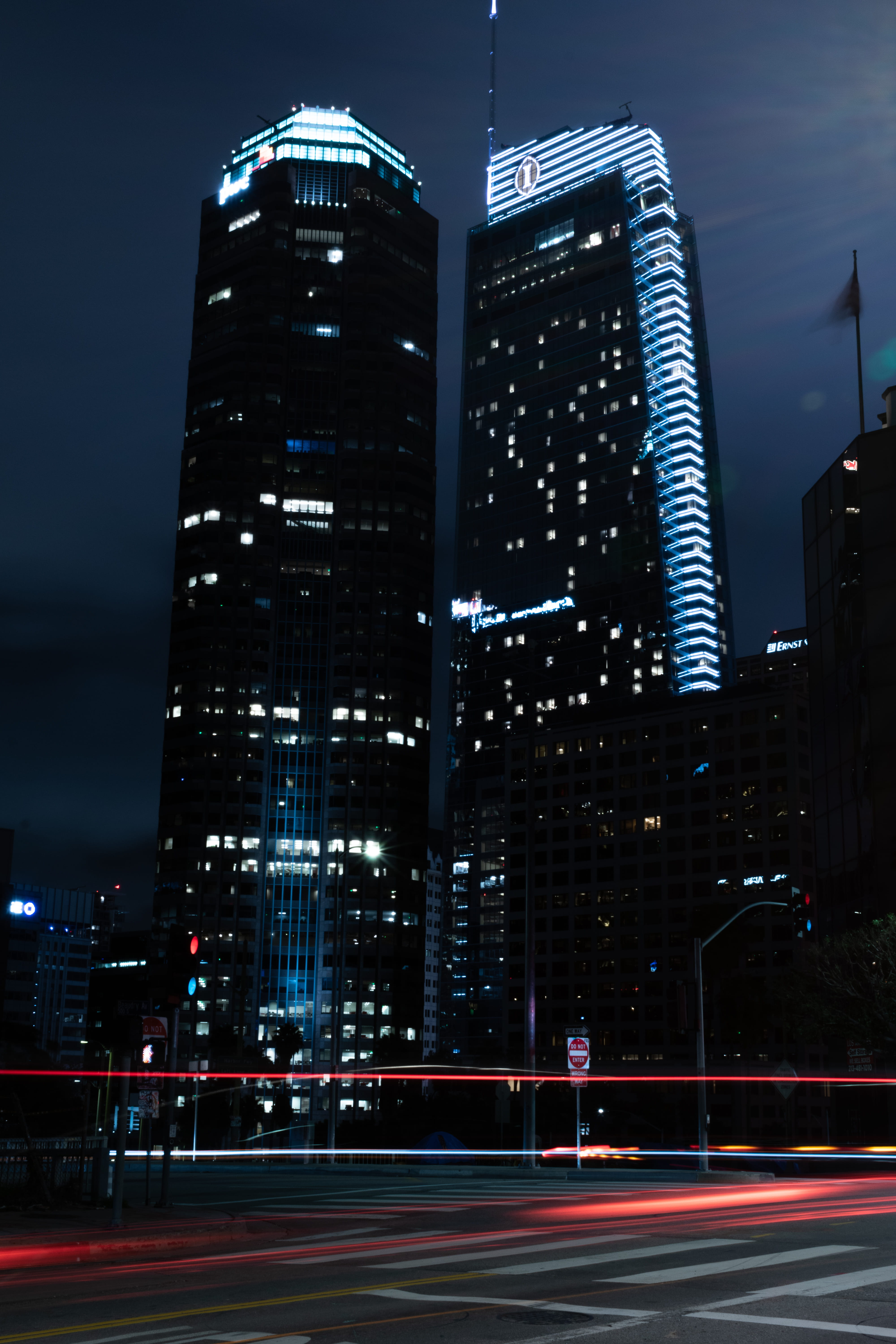 light trail, spire, blue sky, los angeles night, high rise, downtown, tower, building, night, sky, building exterior, metropolis, office, lighting equipment, Phone HD Wallpaper