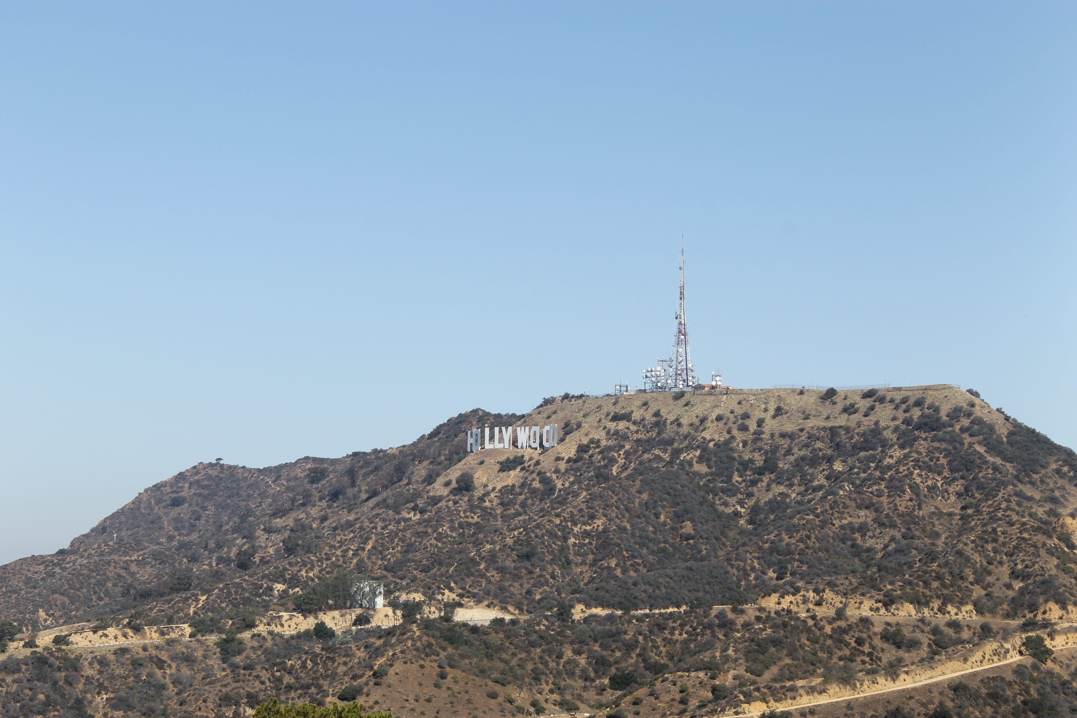 Hollywood, low angle view, hills, panorama, nature, tower, mountain range, travel, Angeles, aerial, city, cityscape, sky, architecture, technology, copy space, HD Wallpaper