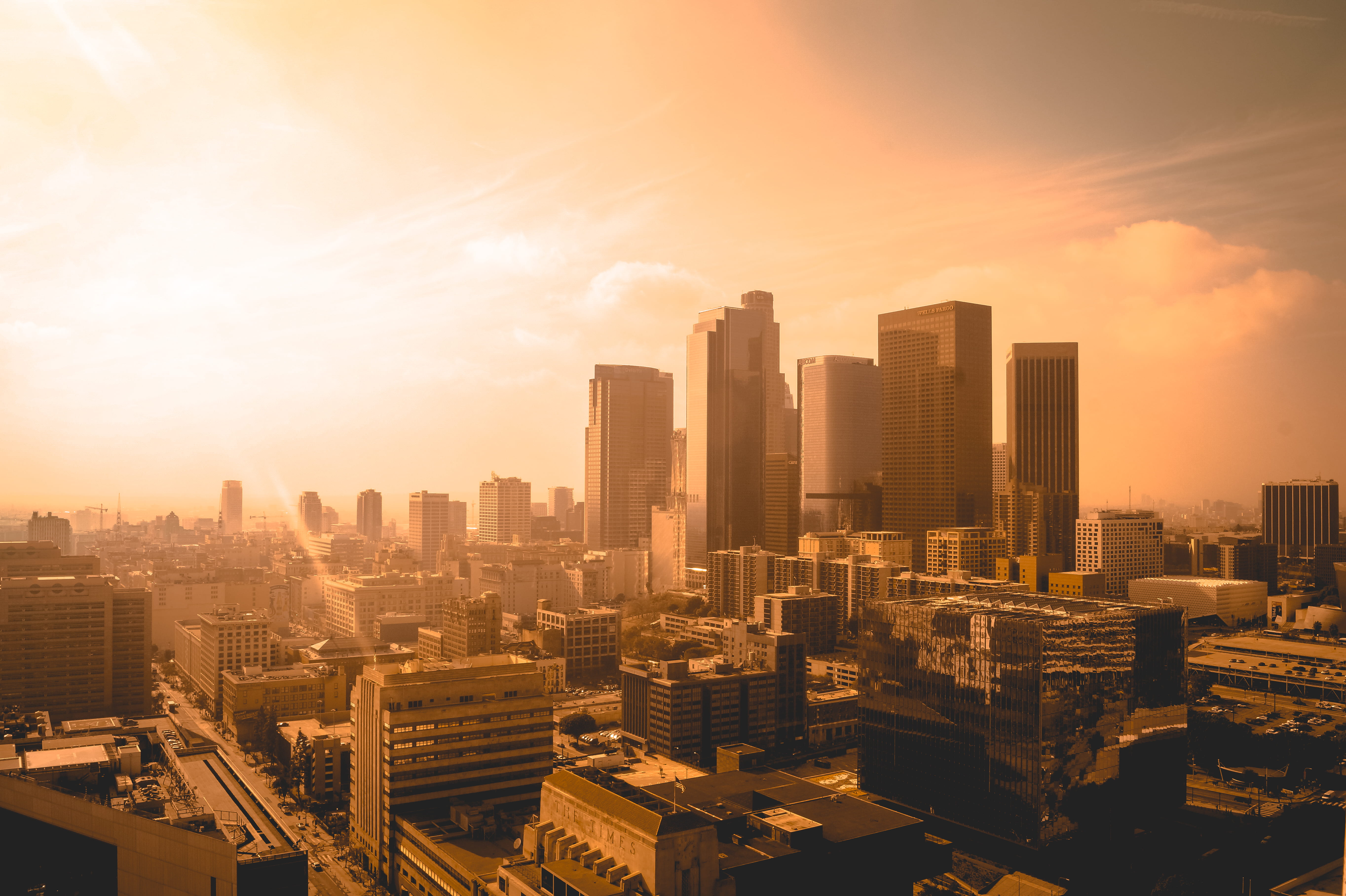 gray, outdoors, la, city life, los angele, city, building, sky, financial district, landscape, high, photography, built structure, downtown, sunset, construction, HD Wallpaper