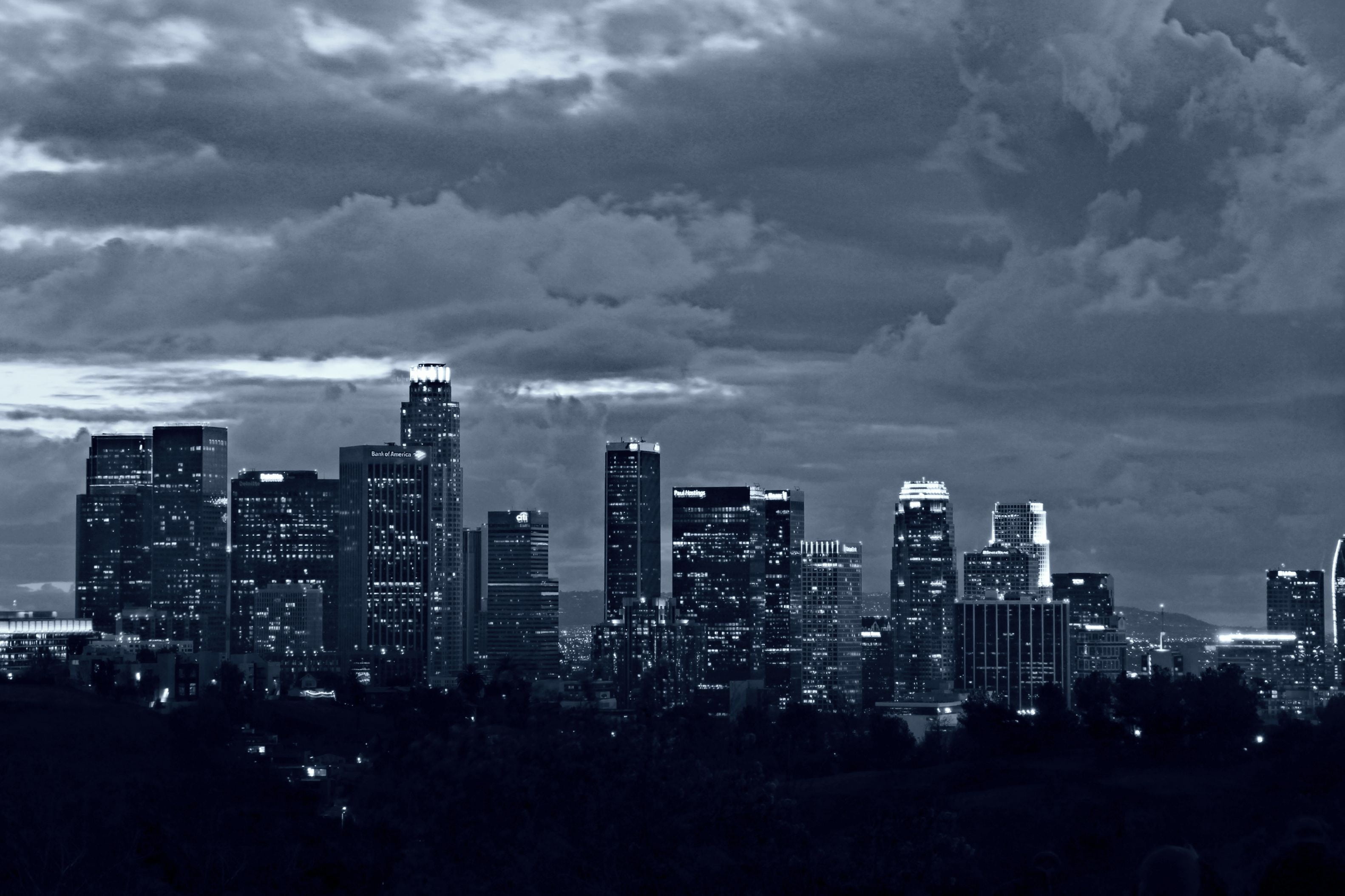view, landmark, photography, black and white, modern, america, built structure, landscape, city, la, los angeles, grayscale, white, dark, downtown, scenic, HD Wallpaper