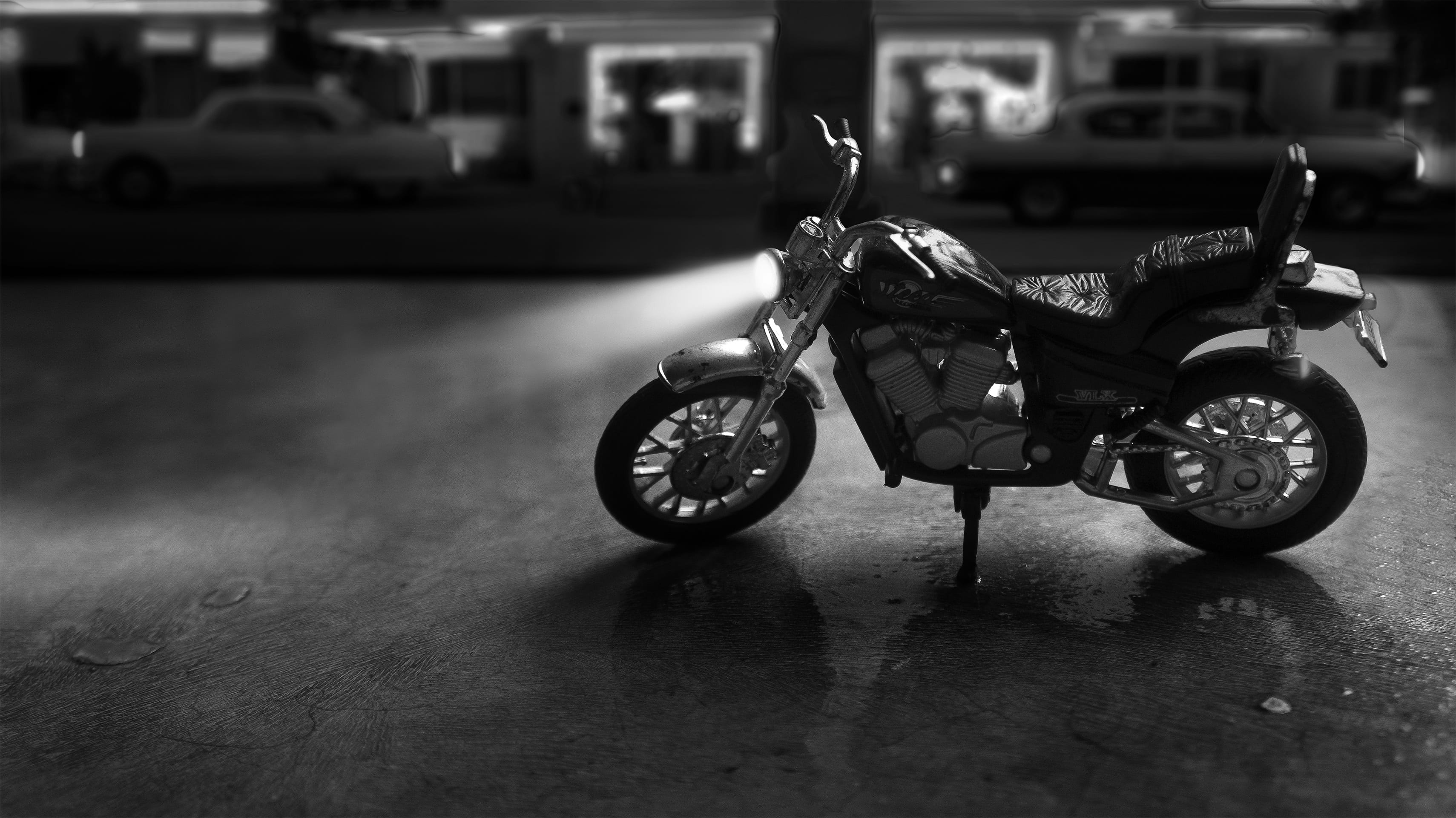 road, black and white, petrol pump, single object, sin city, land vehicle, wheel, toy, shadow, photography, focus on foreground, dark, transportation, side view, HD Wallpaper
