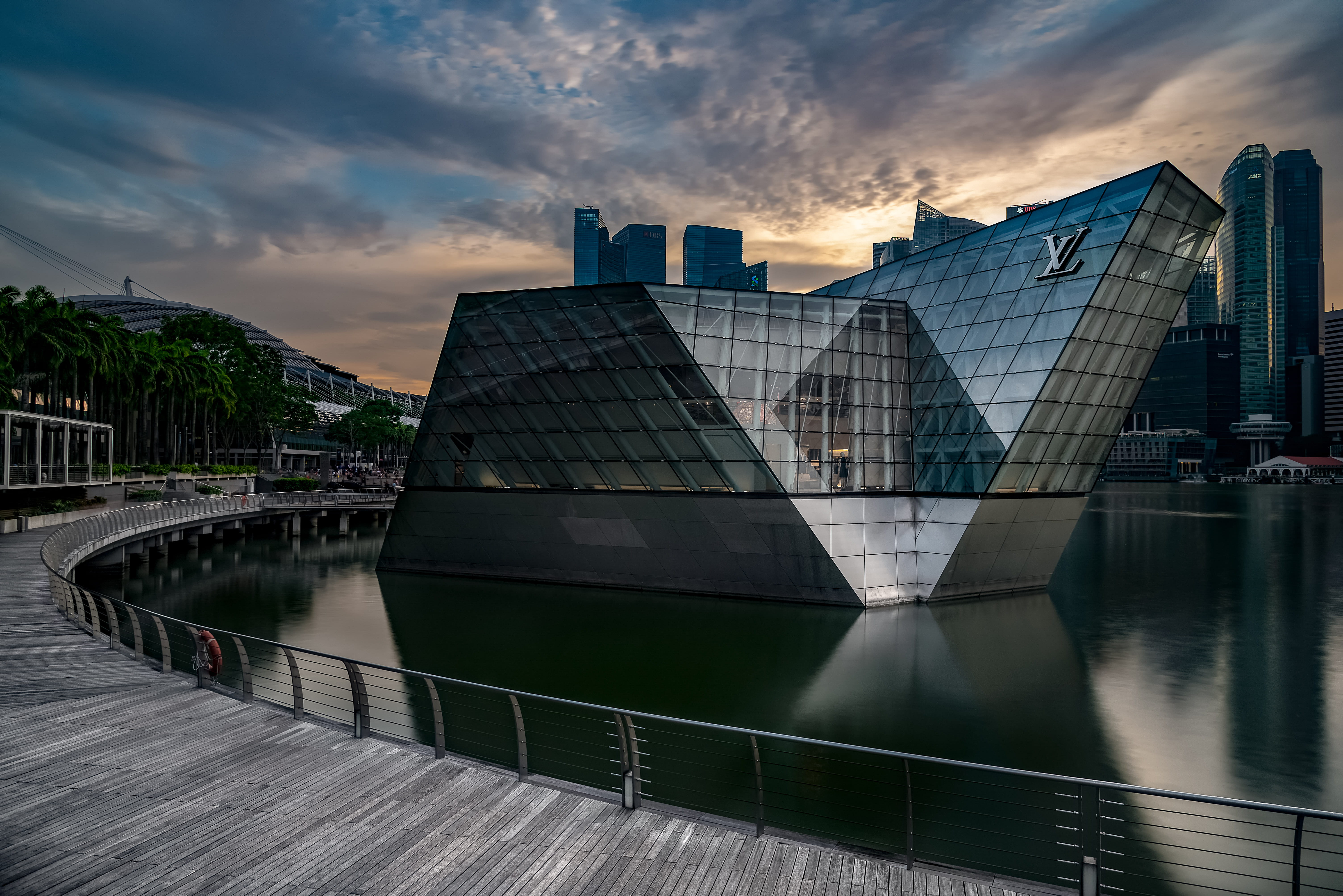 sunset, river, architecture, glass - material, no people, government, nature, travel destinations, water, surrounded, reflection, day, sky, building, vuitton, HD Wallpaper