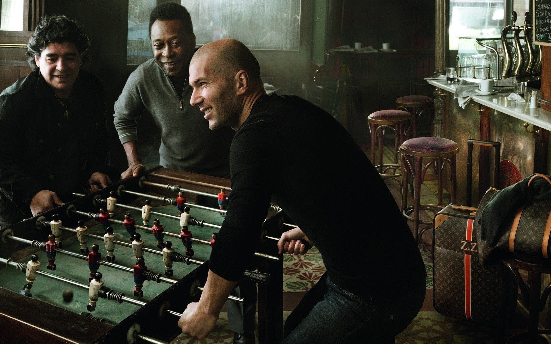 smiling, Diego Maradona, men, adult, black, indoors, mature adult, mid adult men, playing, casual clothing, s, leisure activity, sweatshirt, Zinedine Zidane, HD Wallpaper