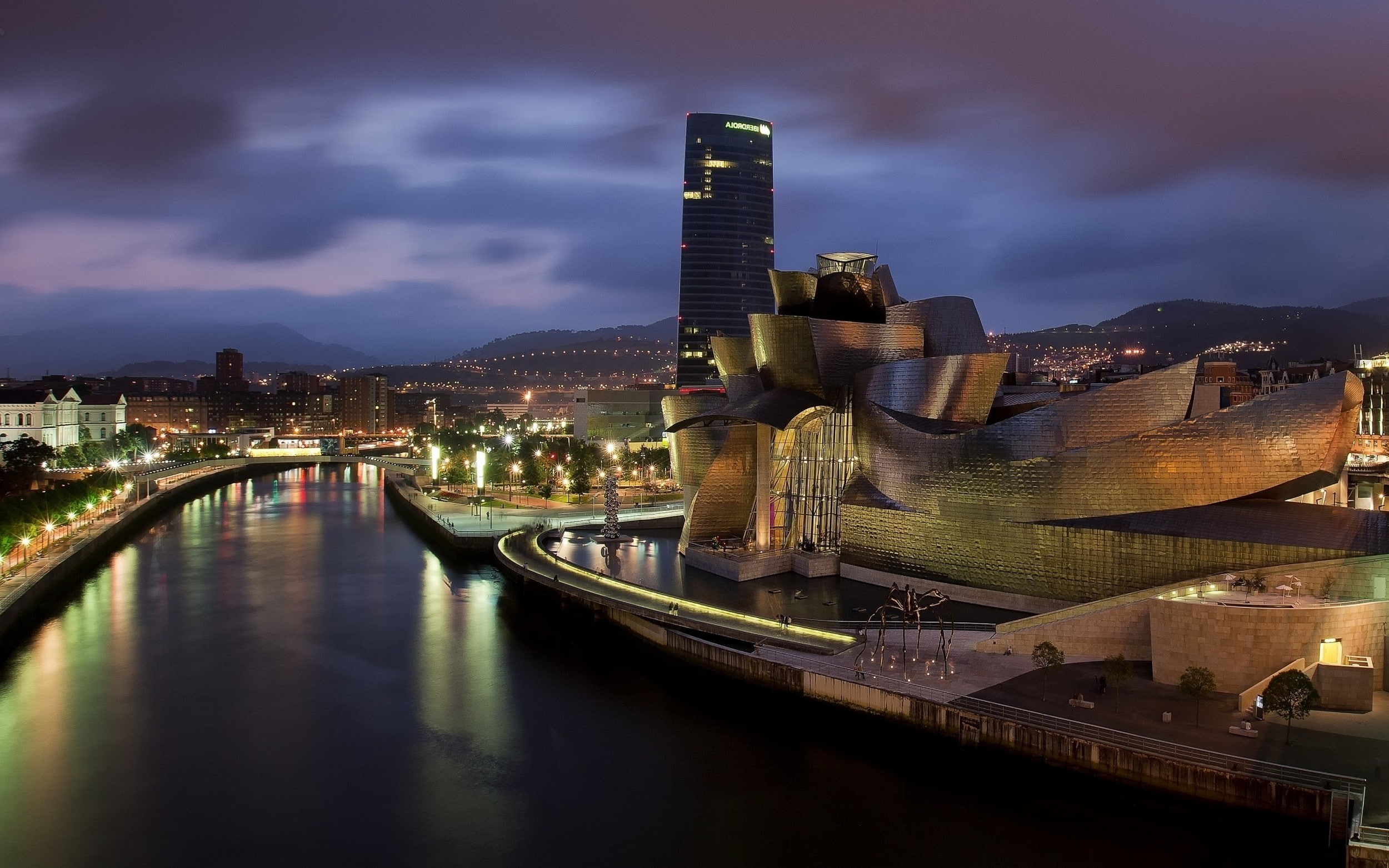 Lights, connection, bridge, transportation, bridge - man made structure, cloud - sky, office building exterior, Frank Gehry, Skyscraper, nature, building, HD Wallpaper