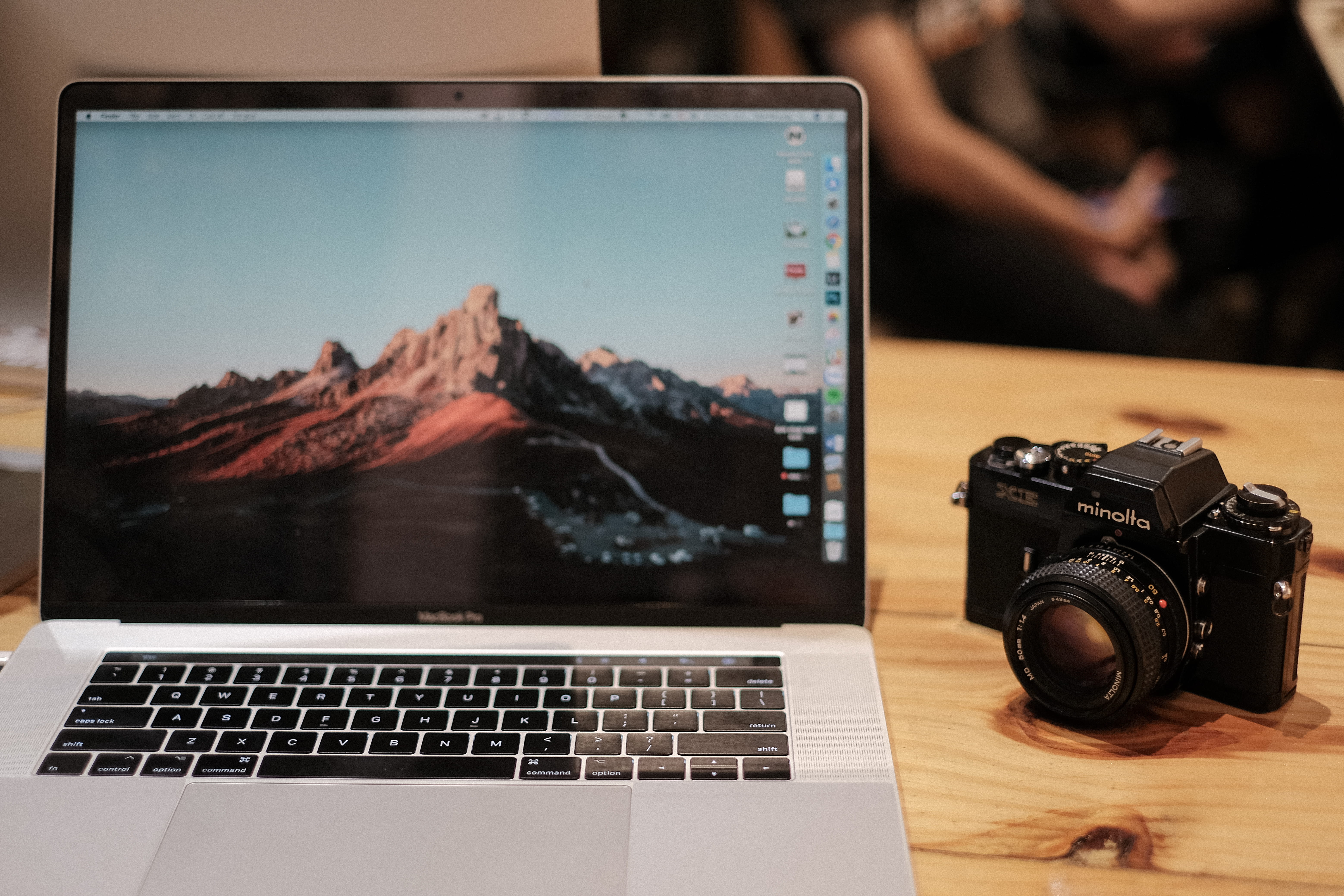 no people, camera, touchbar, beside, connection, indoors, retro styled, laptop, lens - optical instrument, communication, computer equipment, photographic equipment, HD Wallpaper