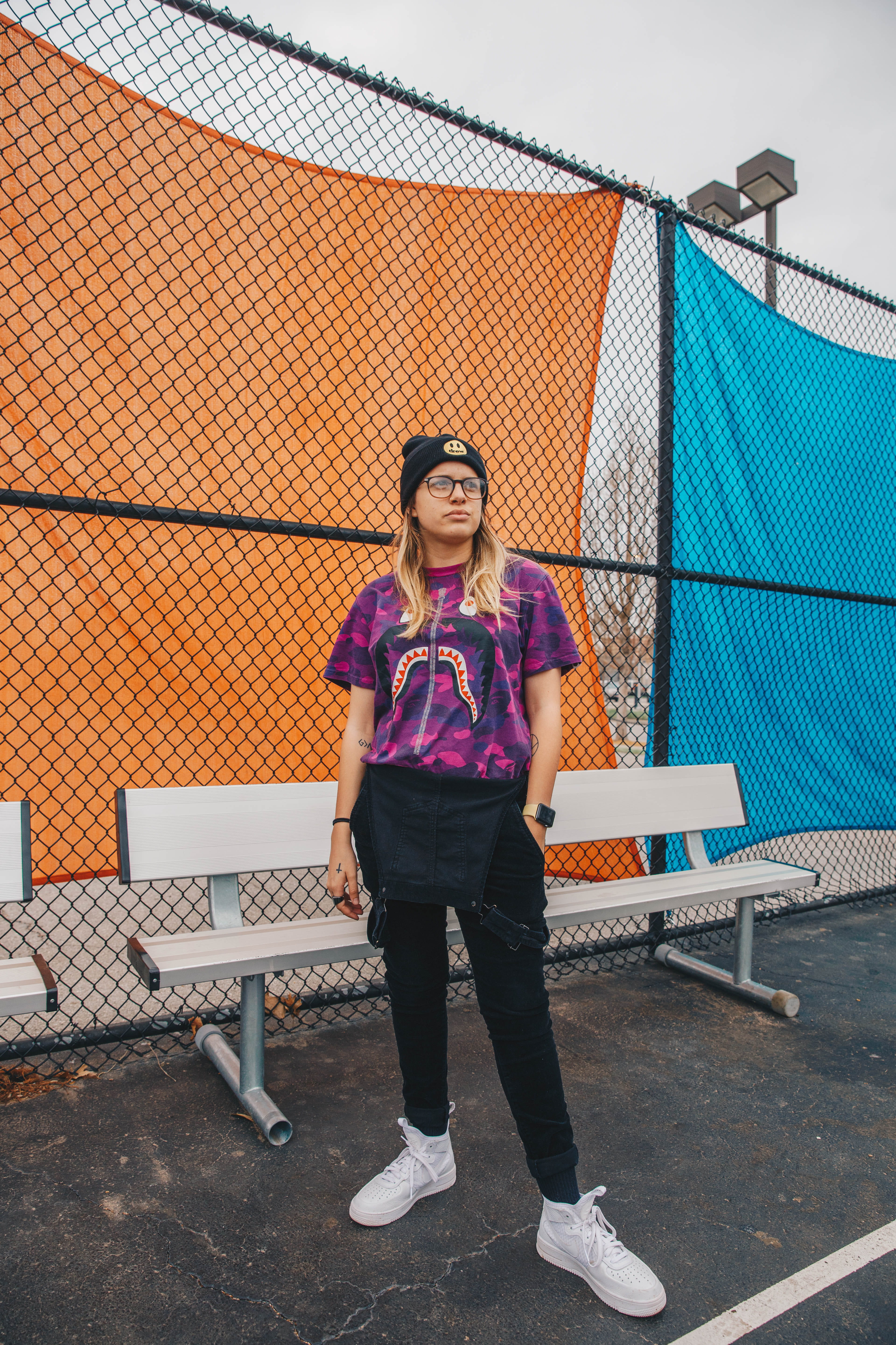 full length, clothing, wearing, communication, casual clothing, one person, shirt, pants, wireless technology, fitted, fence, technology, near, bape, beautiful woman, Phone HD Wallpaper