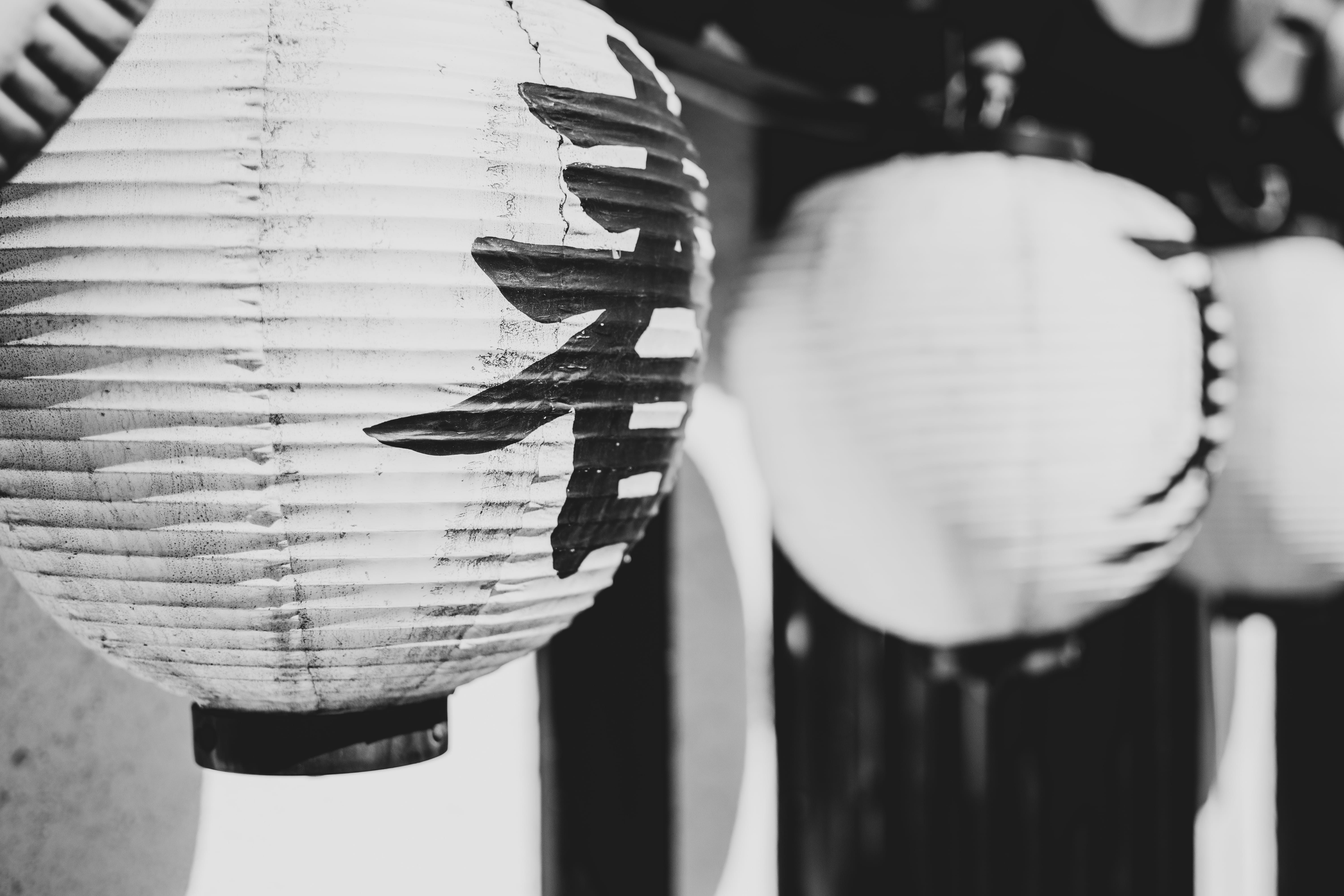 lanterns, hanging, craft, selective focus, religion, still life, creativity, kanji, focus on foreground, place of worship, greyscale, architecture, art and craft, HD Wallpaper
