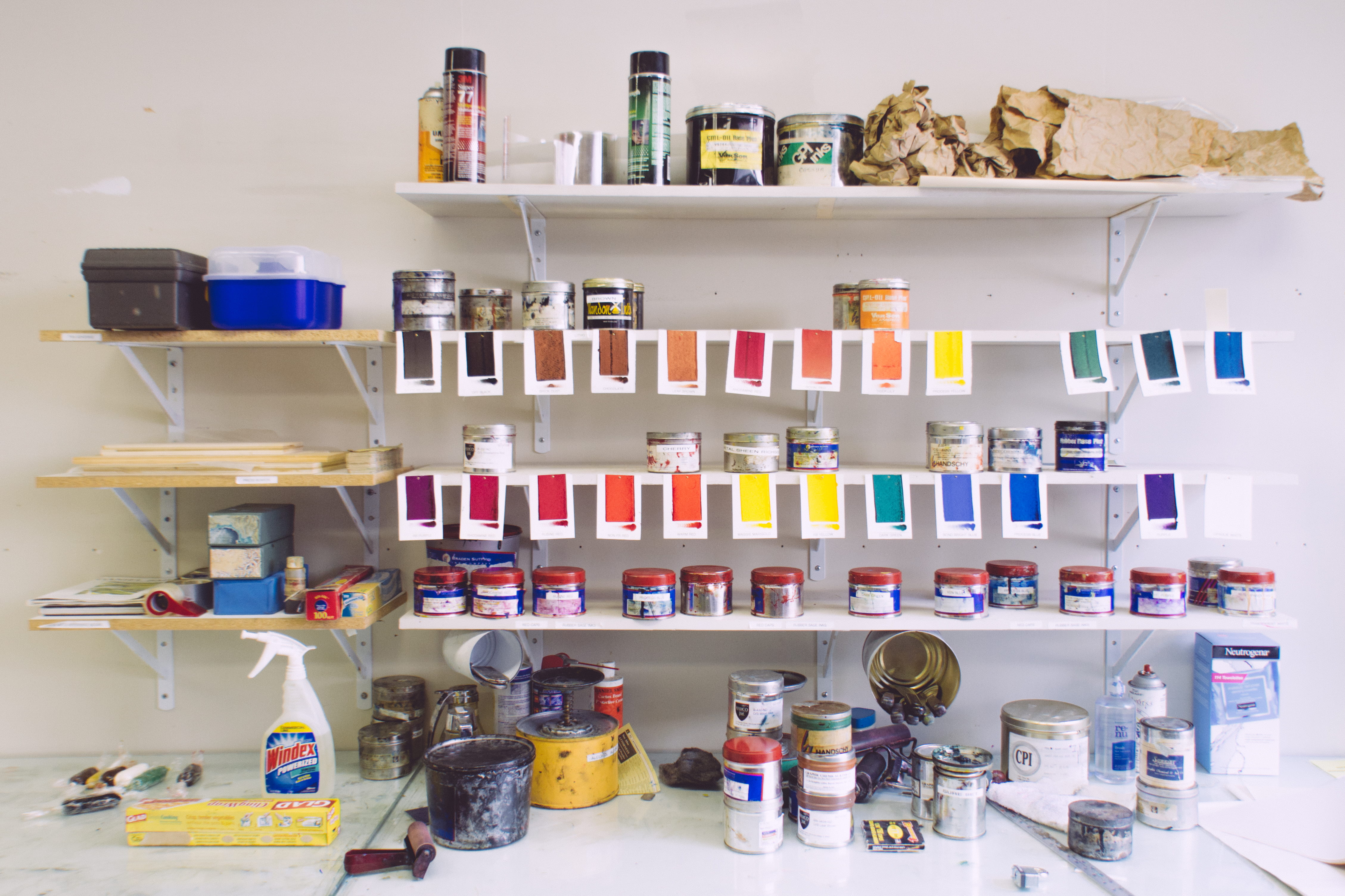 still life, arrangement, letterpress, choice, college for creative studies, table, paint, color, art and craft equipment, shelf, multi colored, in a row, HD Wallpaper