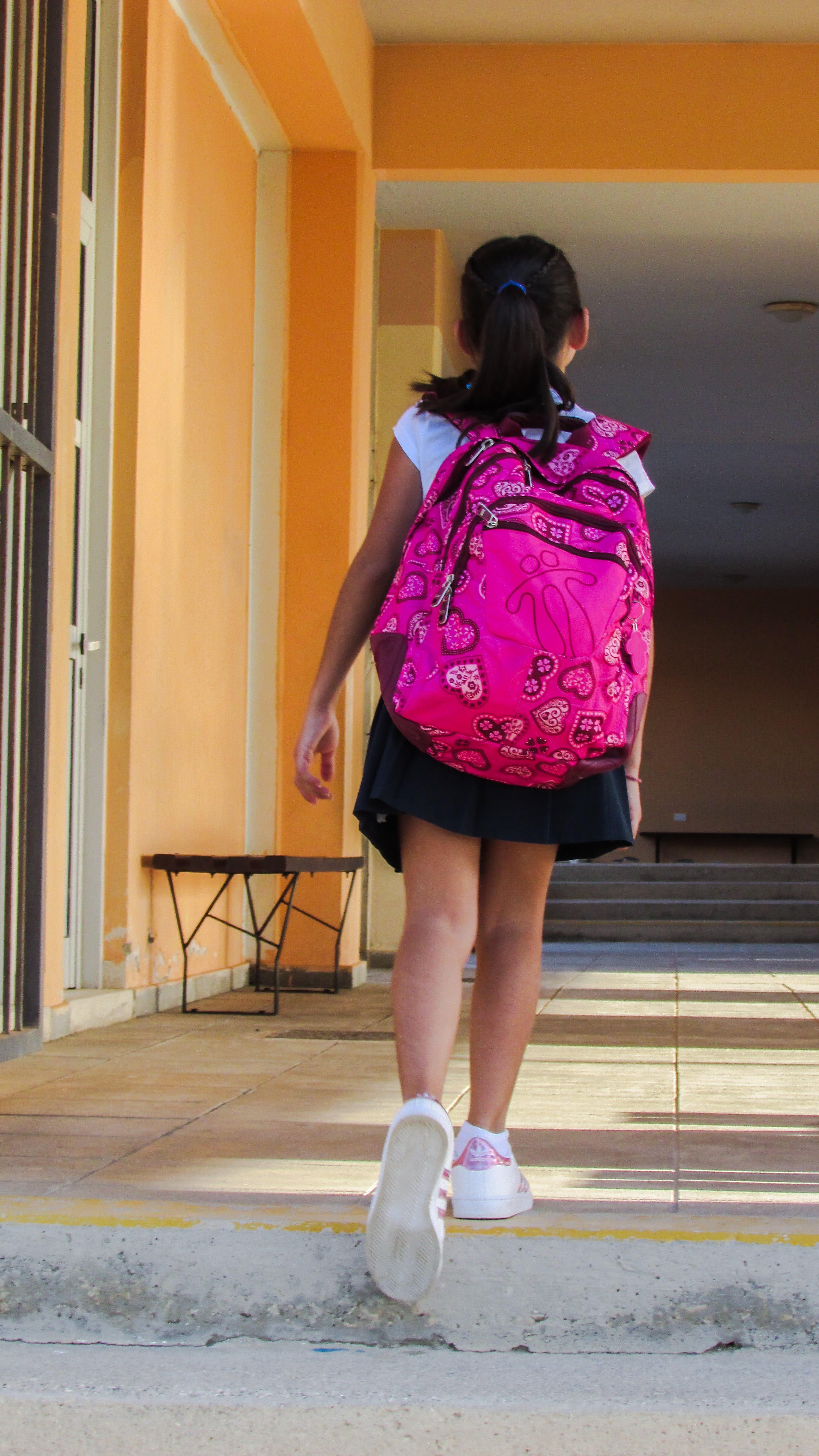 girl, school, pathway, built structure, one Person, building, child, outdoors, student, standing, school bag, people, backpack, walking, full length, wearing, Phone HD Wallpaper