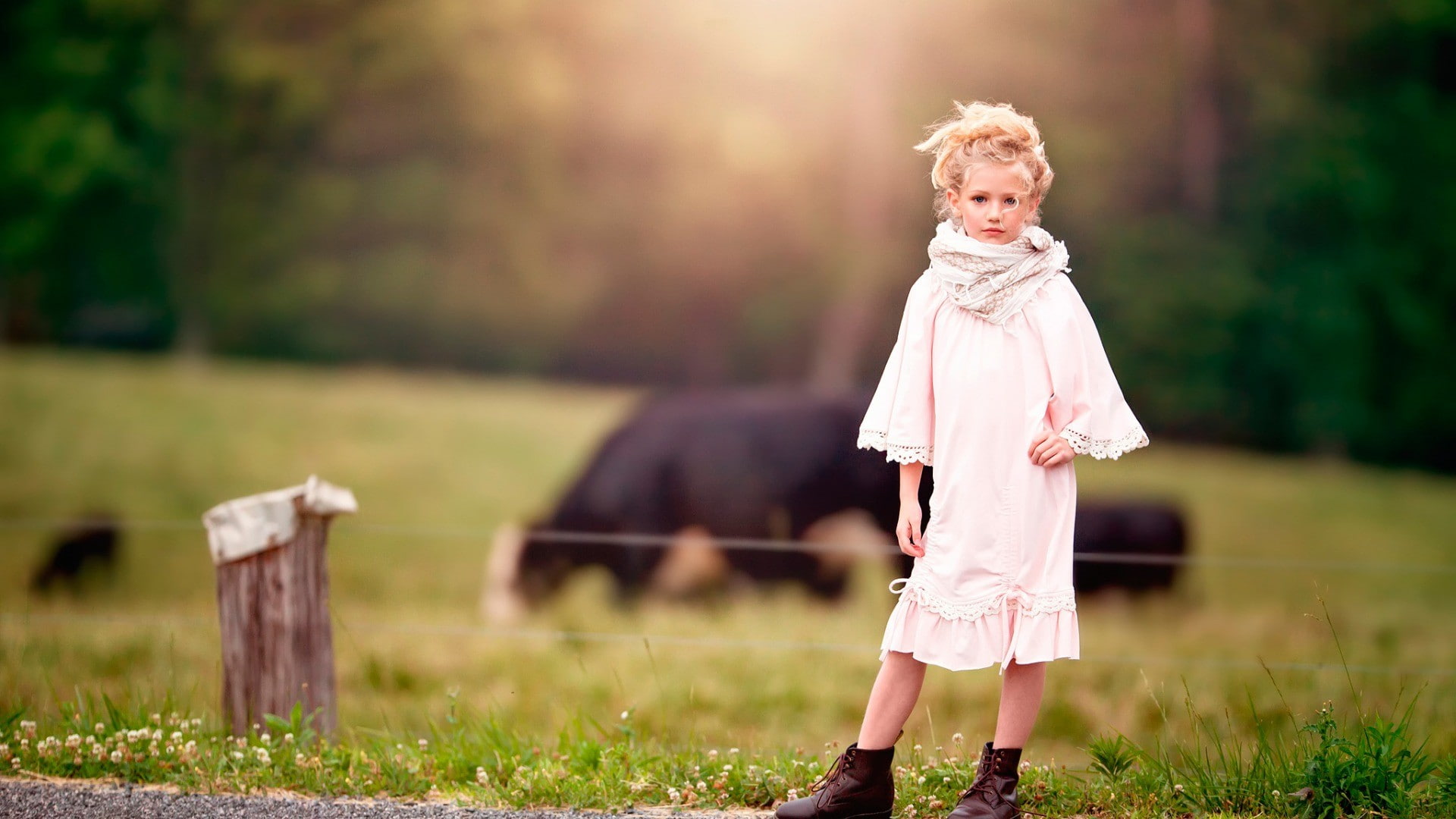 natural light, cute, 1080P, tree, blond hair, offspring, fence, portrait, emotion, outdoors, hairstyle, land, one person, hands on hips, nature, children, HD Wallpaper