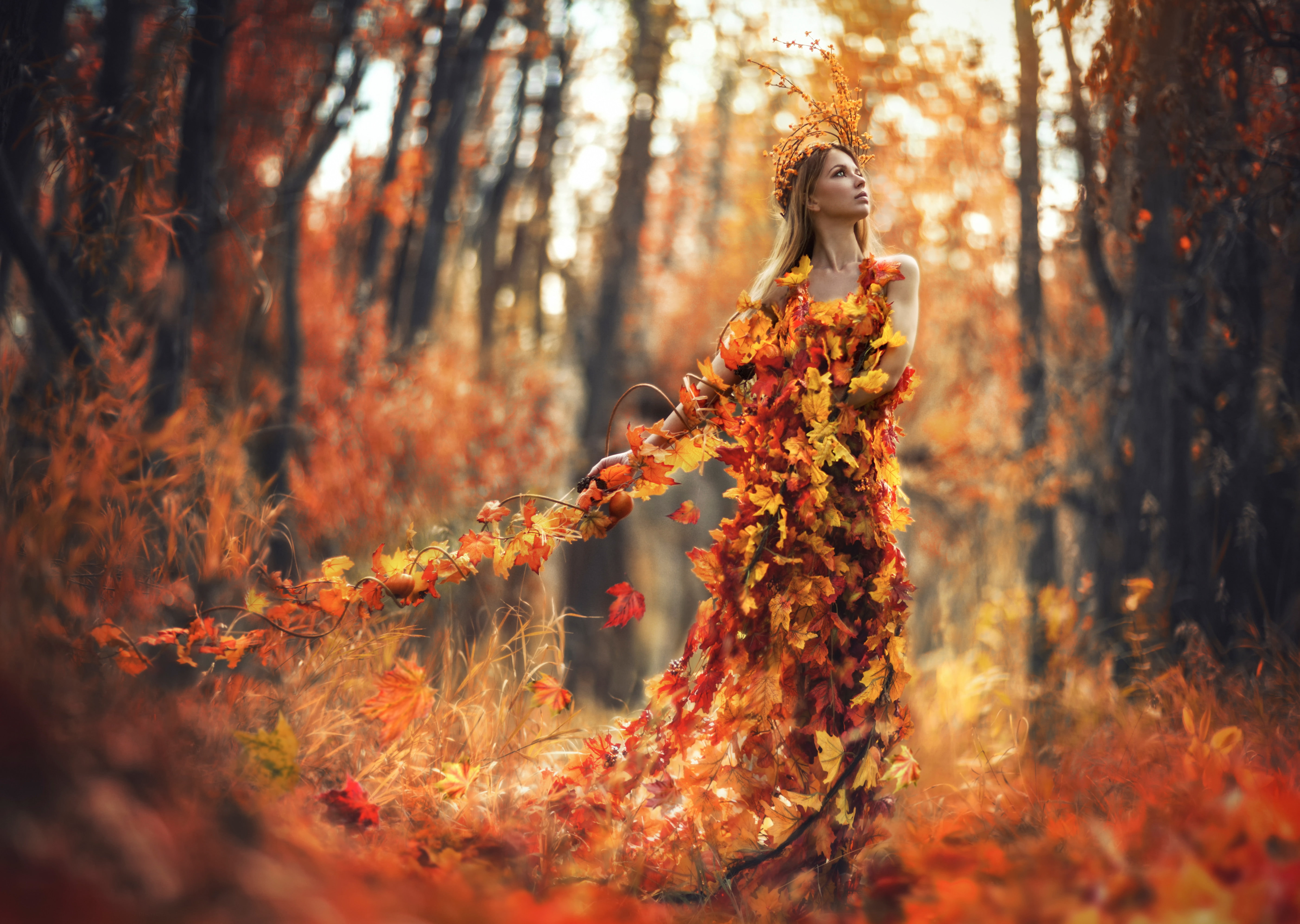 art, lady autumn girl autumn leaves, long, women, spell, dress, lady, autumn spell, 5K, autumn, leaf, s, decor, HD Wallpaper