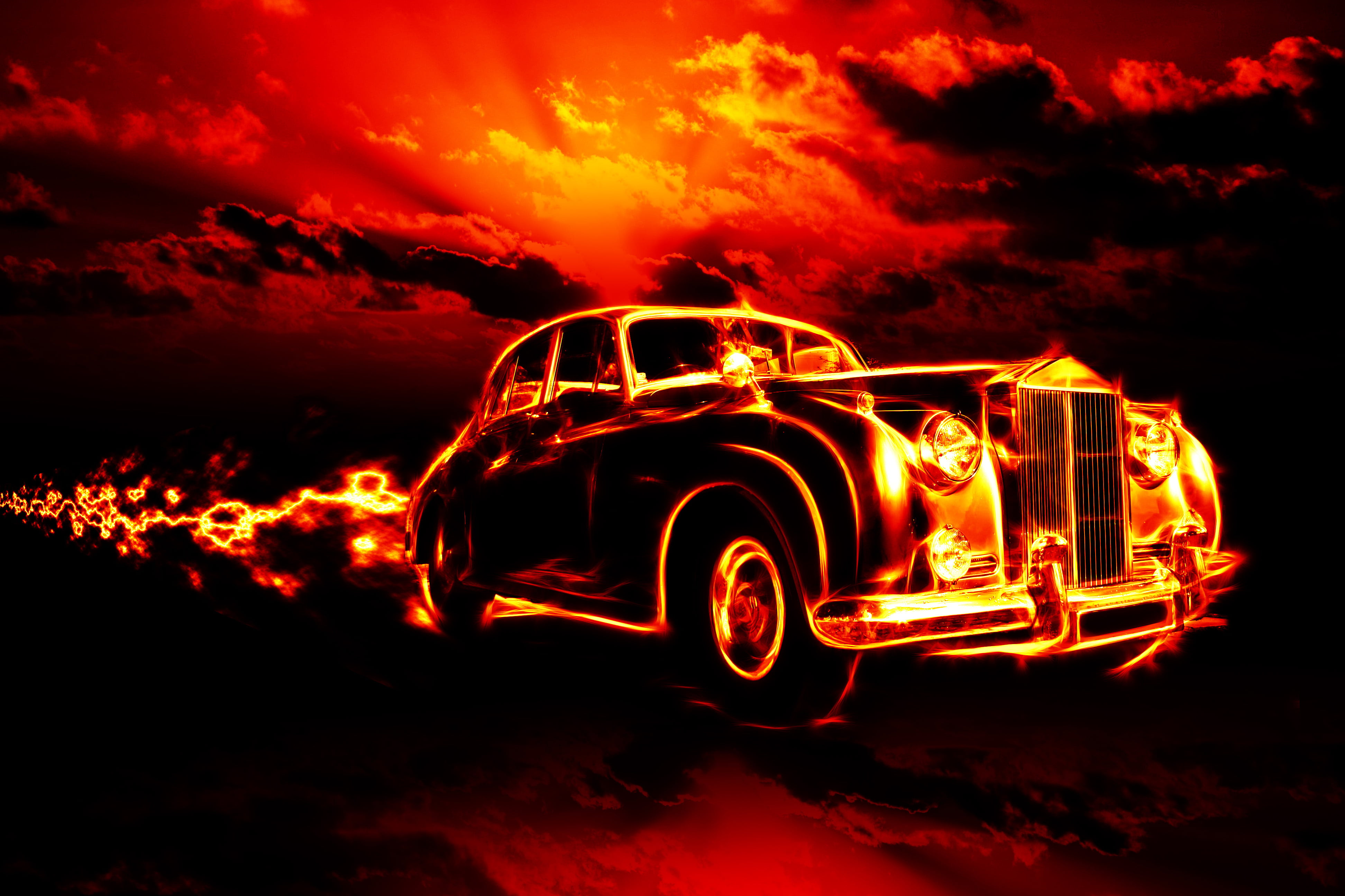 sign, land Vehicle, orange Color, transportation, accidents and disasters, red, flaming, motion, heat - temperature, classic, warning sign, night, creepy, HD Wallpaper