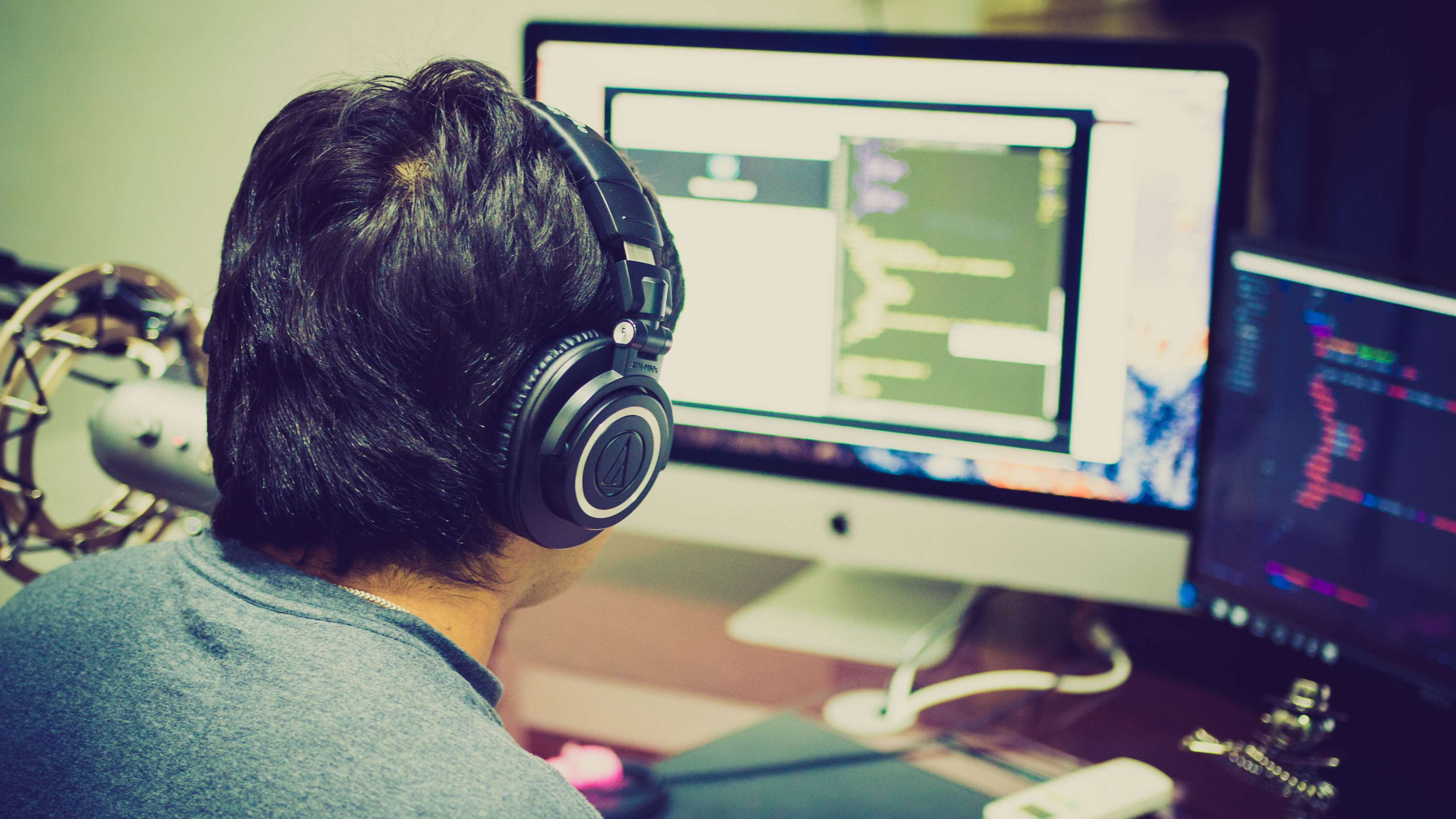 programmer, portrait, computer, information technology, code, man, flat screen, office, screen, rear view, headphones, 4K, room, coding, imac, internet, HD Wallpaper