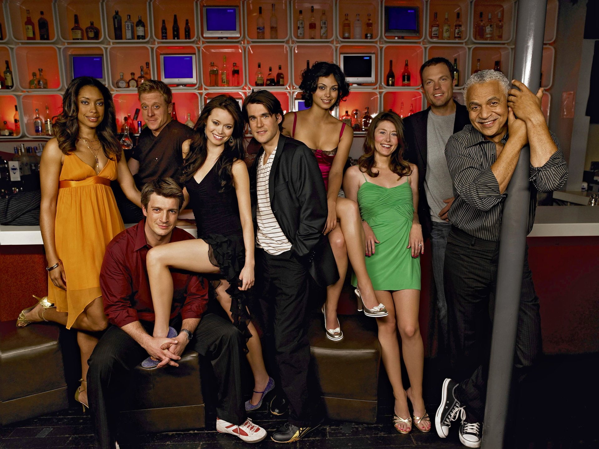 River Tam, adult, women, 1080P, Morena Baccarin, full length, TV Show, leisure activity, looking at camera, portrait, males, smiling, Gina Torres, Alan Tudyk, HD Wallpaper